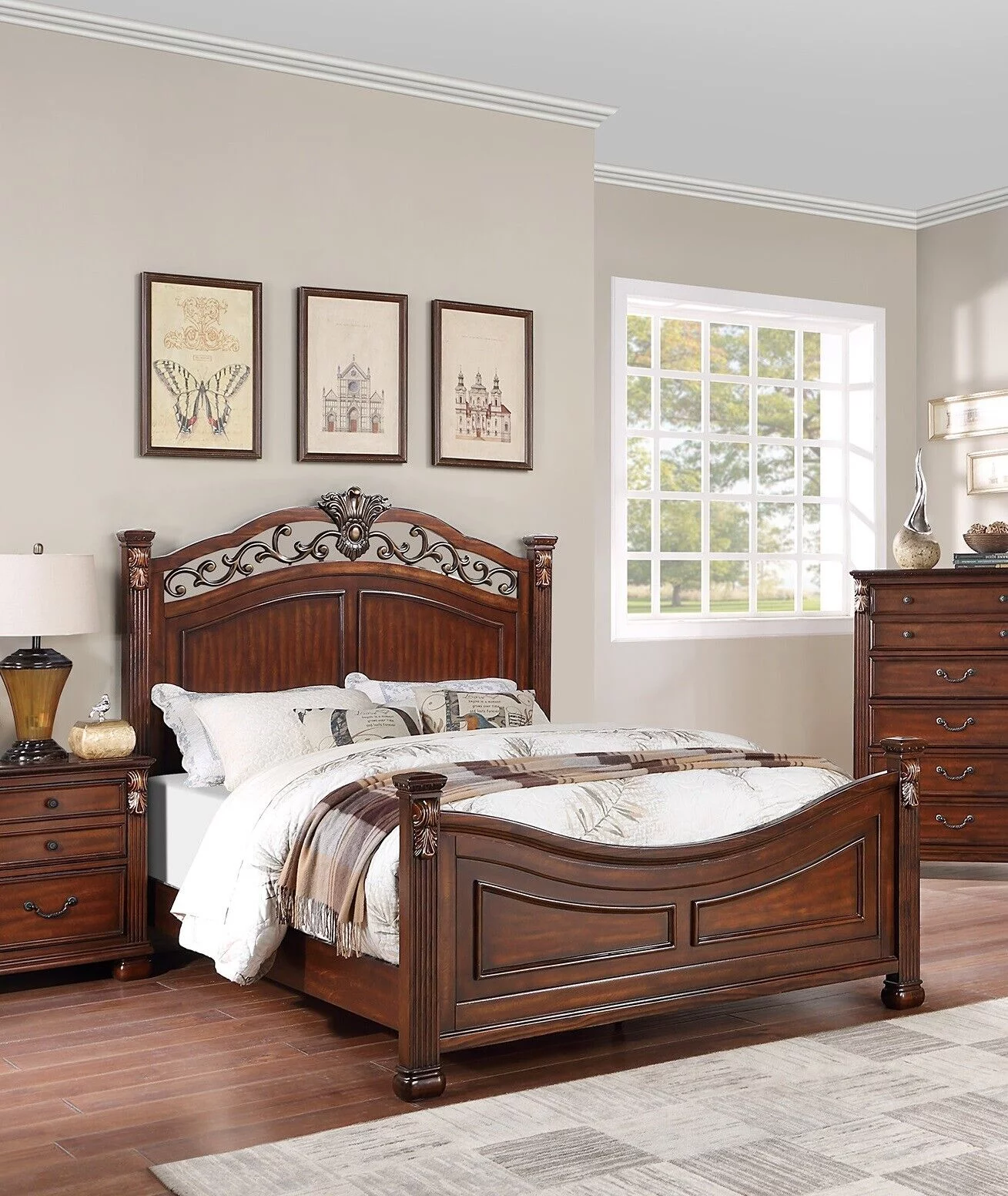 Traditional 1pc Bed Gorgeous Classic Brown Finish Queen Size Bed Posts Floral Design Headboard Bedroom Furniture Footboard