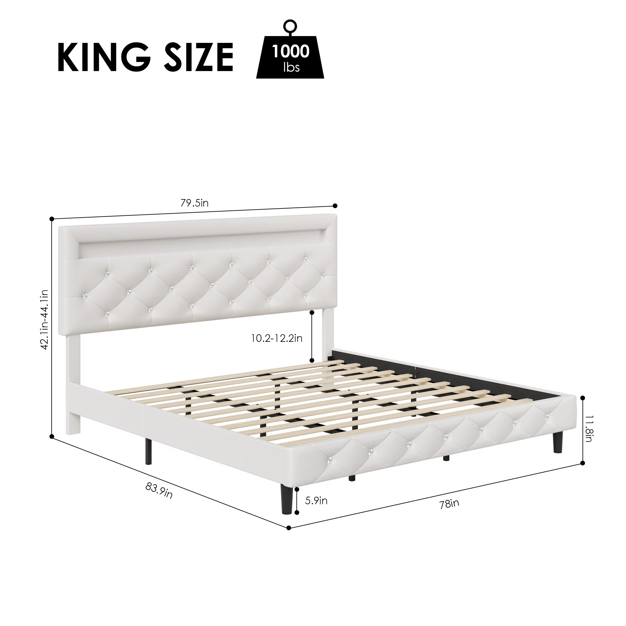 Homfa King Size LED Bed, PU Crystal Buckle Upholstered Platform Bed Frame with Adjustable Headboard, White