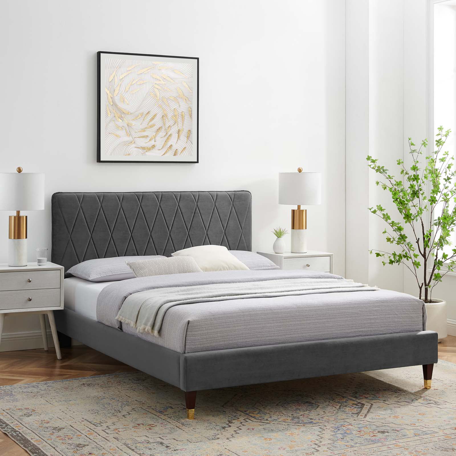 Platform Bed Frame, Queen Size, Velvet, Dark Grey Gray, Modern Contemporary Urban Design, Bedroom Master Guest Suite