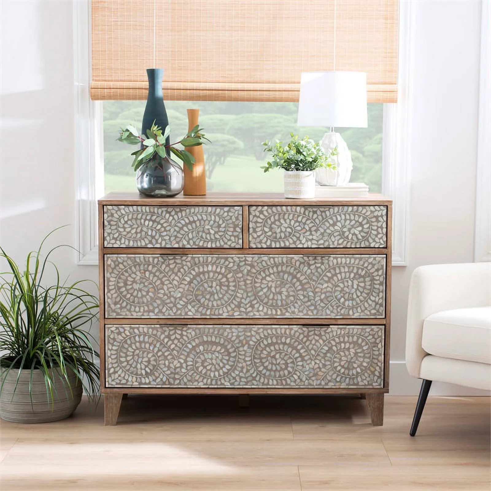 Linon Ryder Wood Four Drawer Console Mother of Pearl Front Detail in Gray Wash