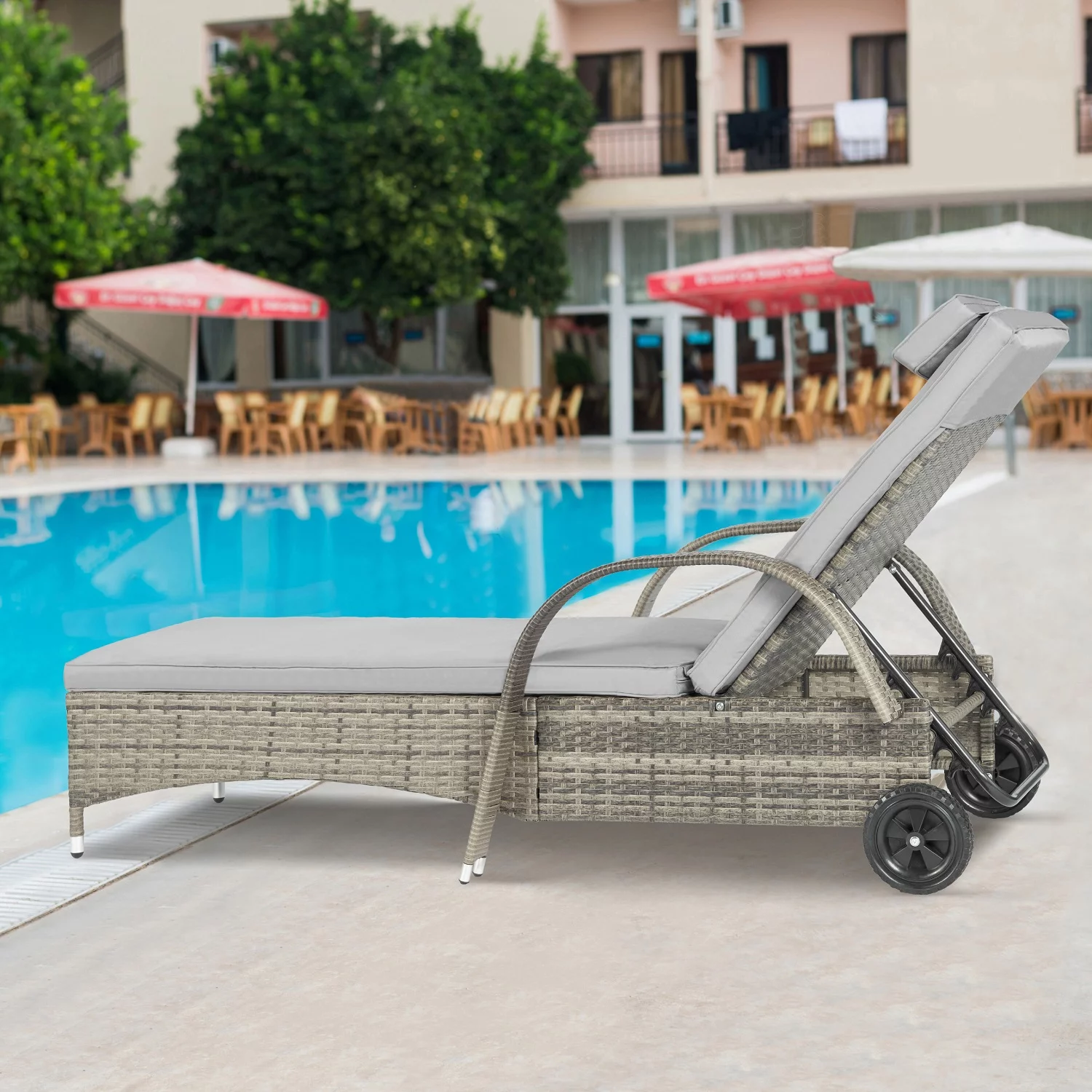 Chaise Lounge Outdoor Patio Wicker Pool Chaise Lounge Chair for Outside Recliner Grey