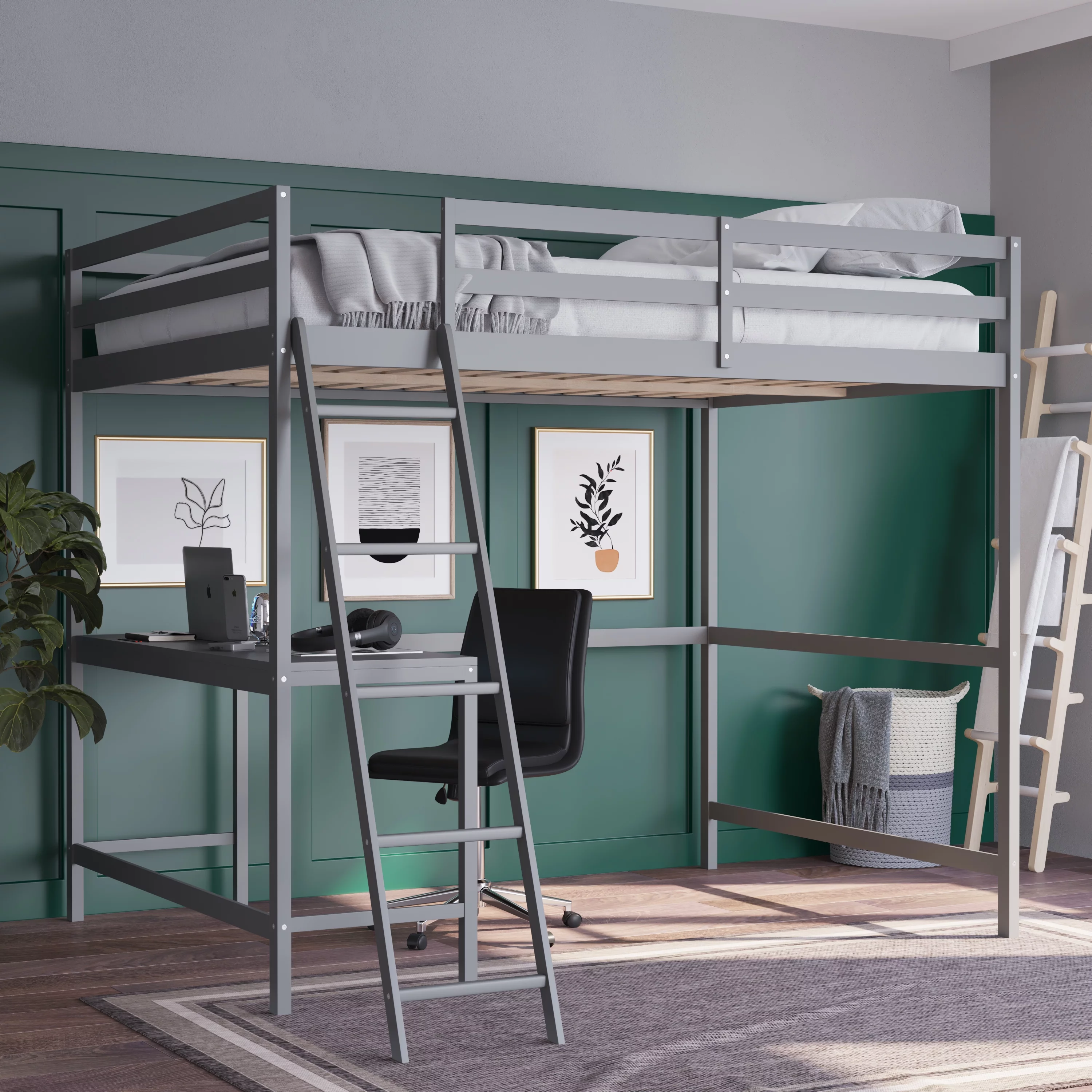 Emma + Oliver Loft Bed Frame with Desk, Full Size Wooden Bed Frame with Protective Guard Rails & Ladder for Kids and Teens in Light Gray