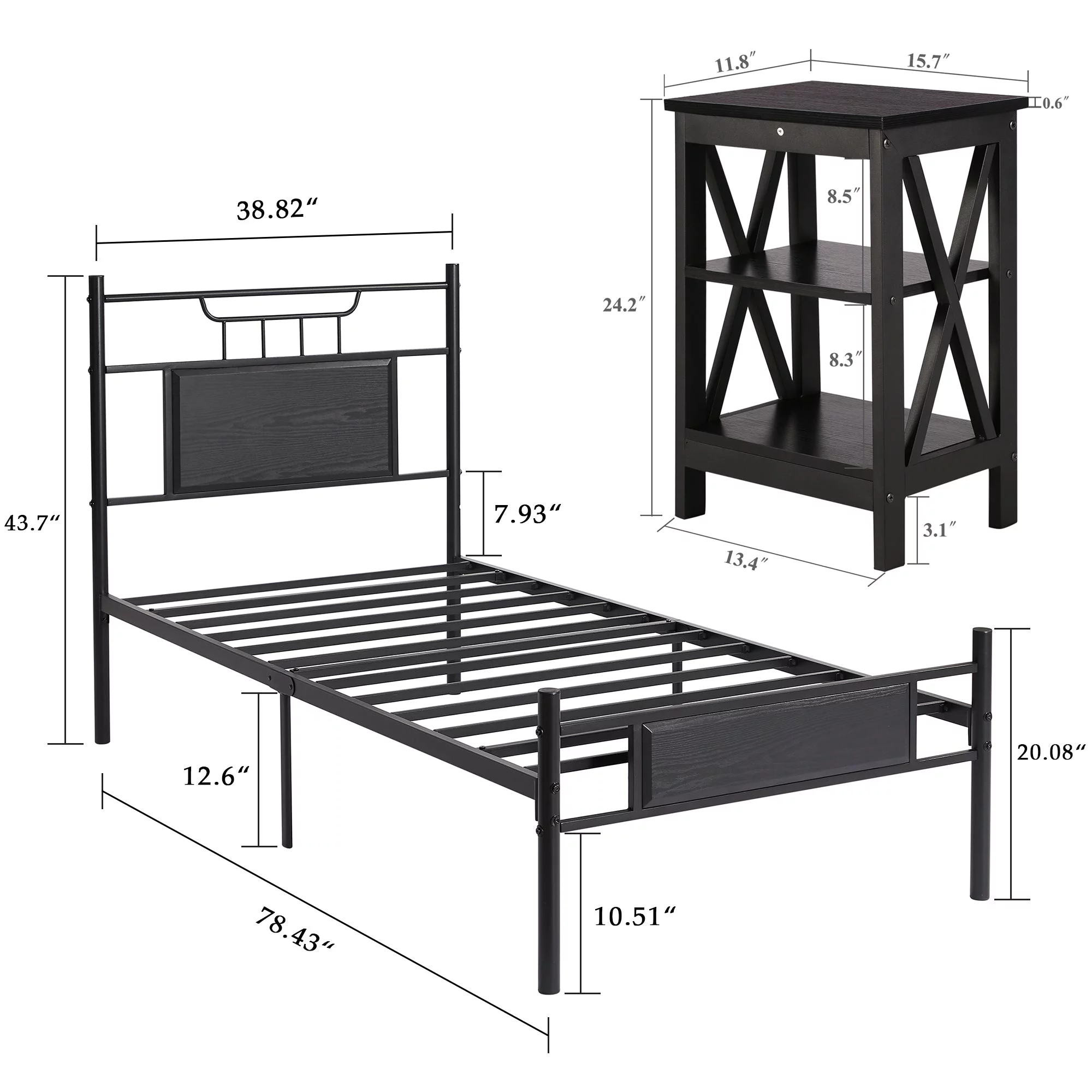 VECELO 3-Piece Bedroom Set with Twin Platform Bed Frame and Nightstands, Black