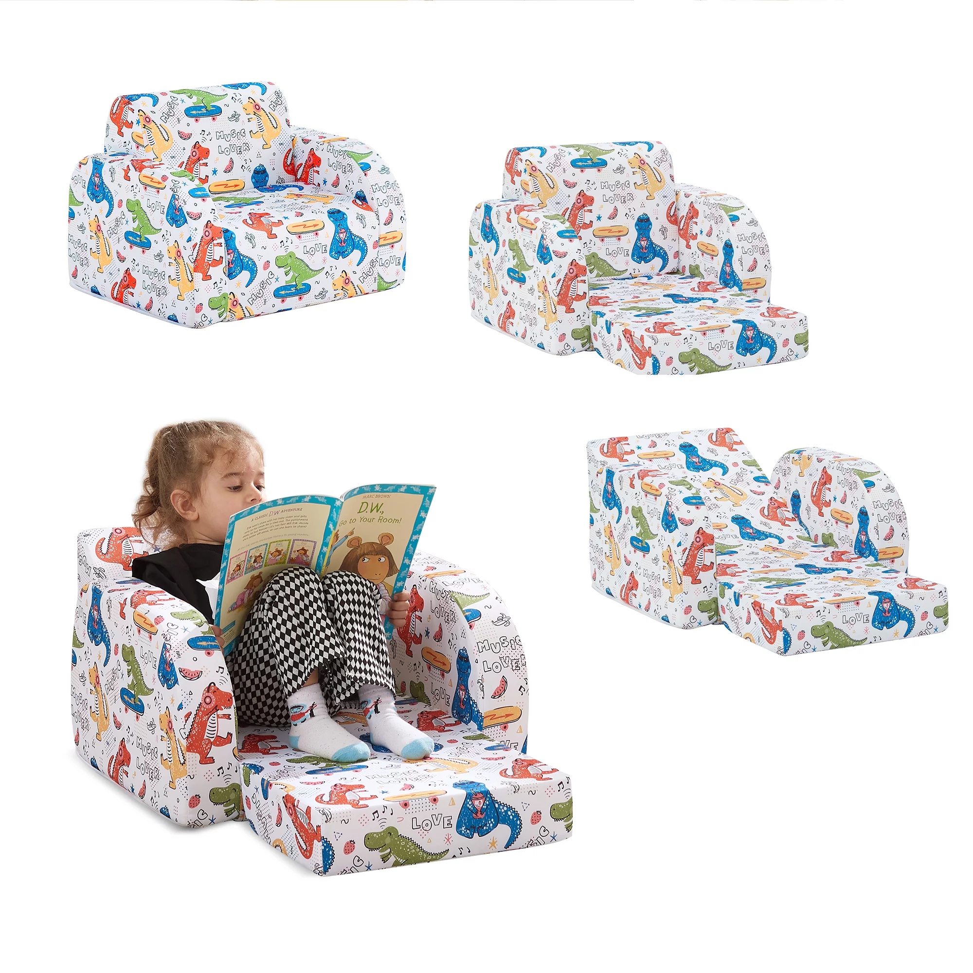 Ulax Furniture 3-in-1 Convertible Kids Sofa Couch, Children Flip-Out Chair Multifunctional Toddler Lounger, White