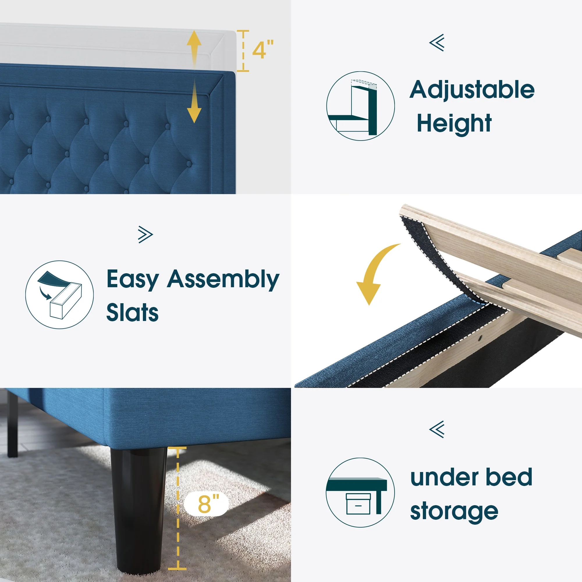 Einfach King Size Upholstered Platform Bed Frame with Adjustable Headboard, Dark Blue