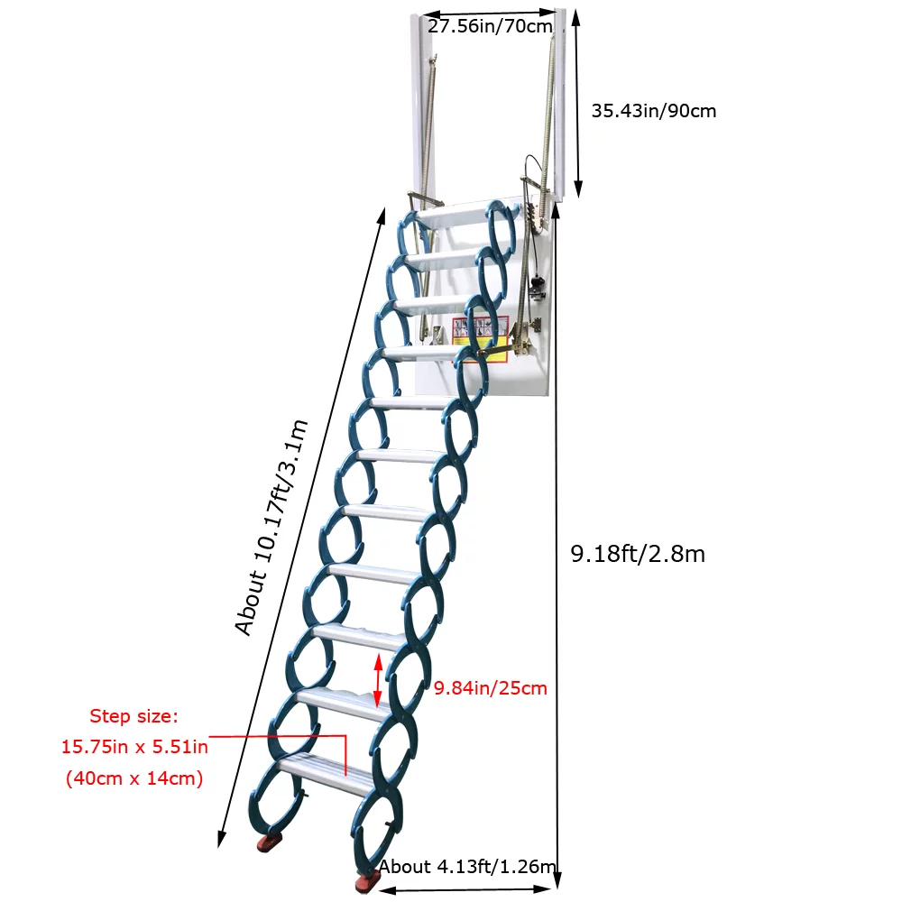 PreAsion Blue Side-mounted Loft Wall Ladder Stairs Al-mg Alloy Pulldown Wall Folding Stairs Attic Access Extension Ladder 11 Pedals