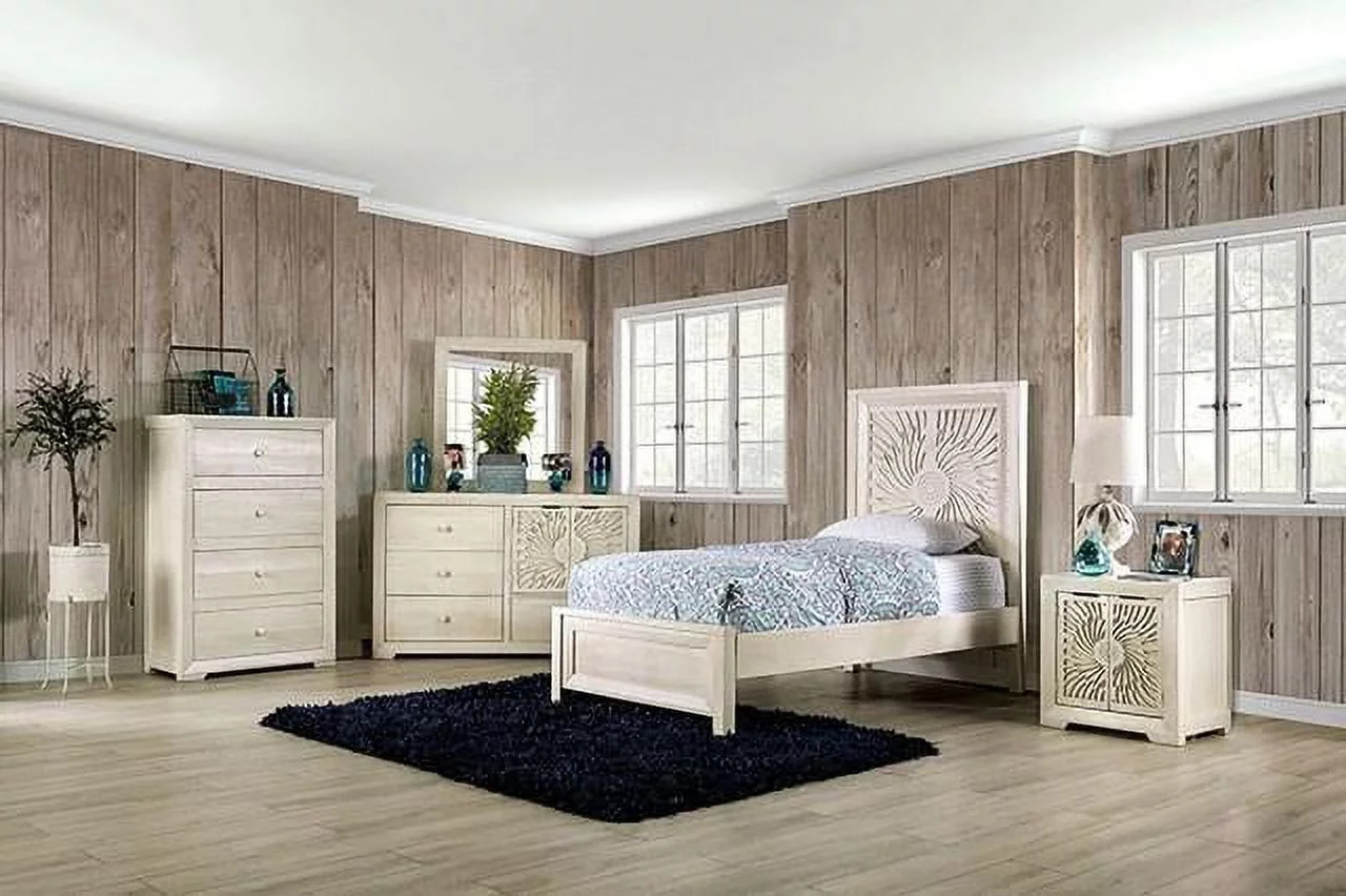 Contemporary Ivory Solid Wood Twin Bedroom Set 3pcs FOA EM7080IV Geneva