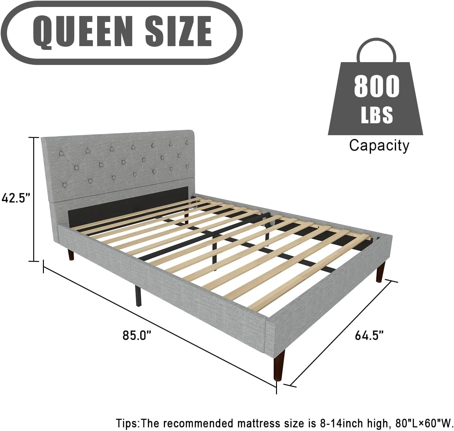 YINCHEN Queen Size Bed Frame Platform with Upholstered Headboard, Wooden Slats Support, No Box Spring Needed, Non-Slip and Noise-Free, Easy Assembly(Light Grey Linen)