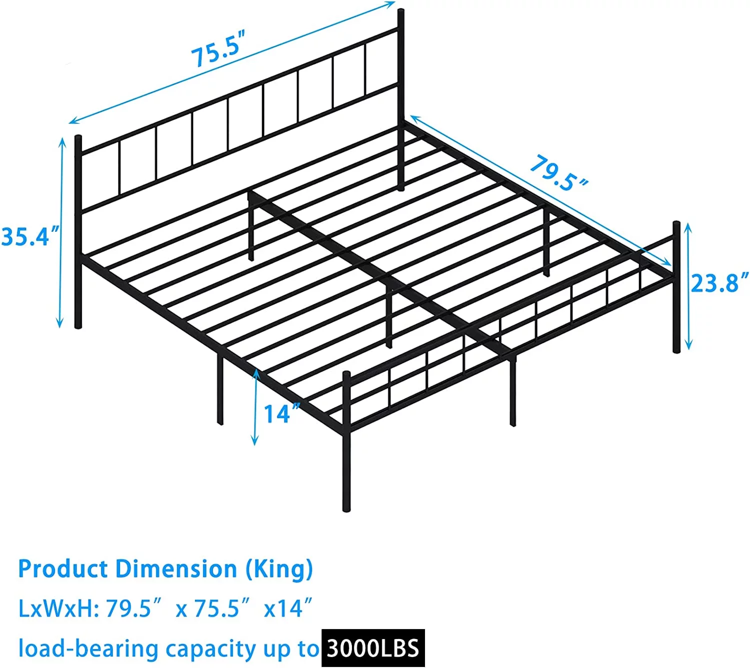zizin 14 Inch California King Metal Bed Frame with Headboard and Footboard Heavy Duty Platform Bedframe No Box Spring Needed Balck Round Tube Easy Assembly Cal King Frame