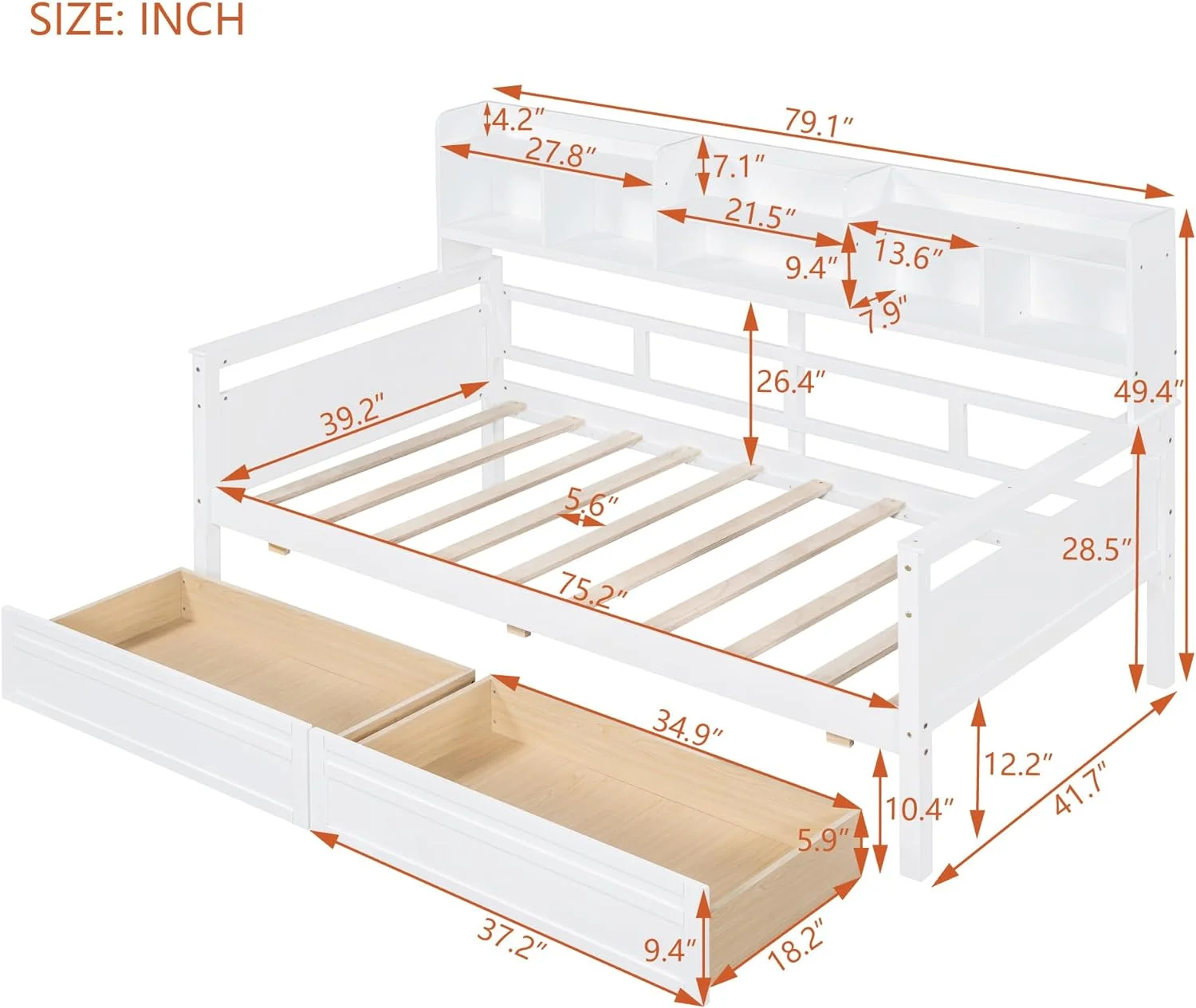 Size Daybed Wih Bookcase Ad Drawers, Wood Daybed Wih Sorage Headboard, Daybed Frame Wih Slas Suppor For Kids ees Aduls, Whie