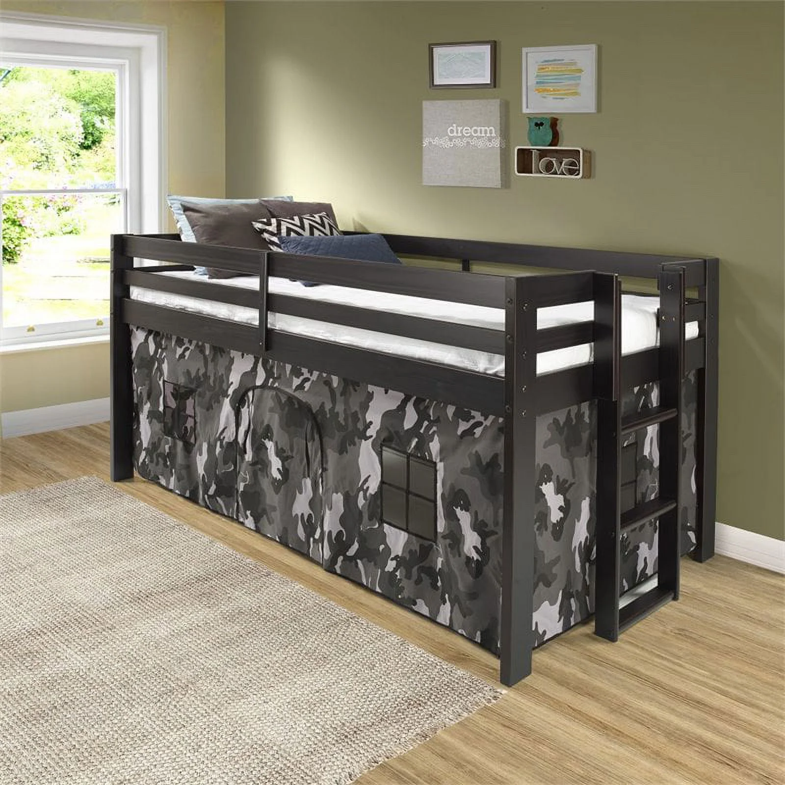 Roseberry Kids Twin Junior Loft Bed Espresso/Camouflage Bottom Playhouse Tent
