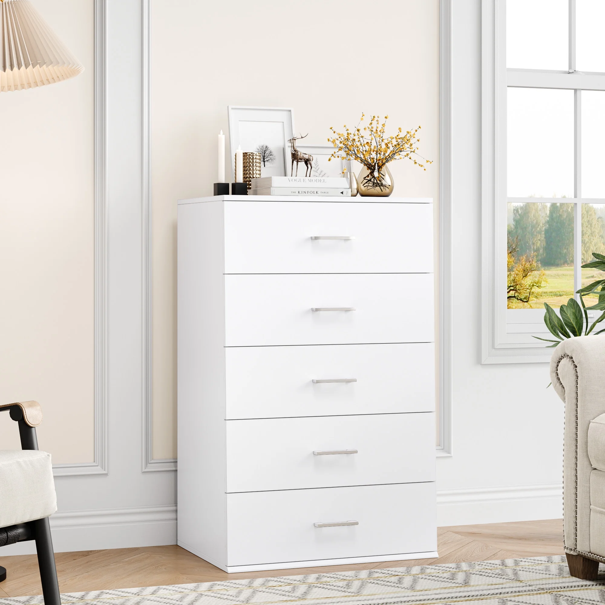 Homfa White Dresser with 5 Drawers, Vertical Chest of Drawers Wood Storage Cabinet for Bedroom Living Room