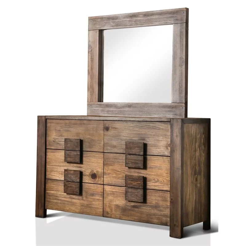 Furniture of America Elbert Solid Wood 2-Piece Dresser and Mirror in Natural