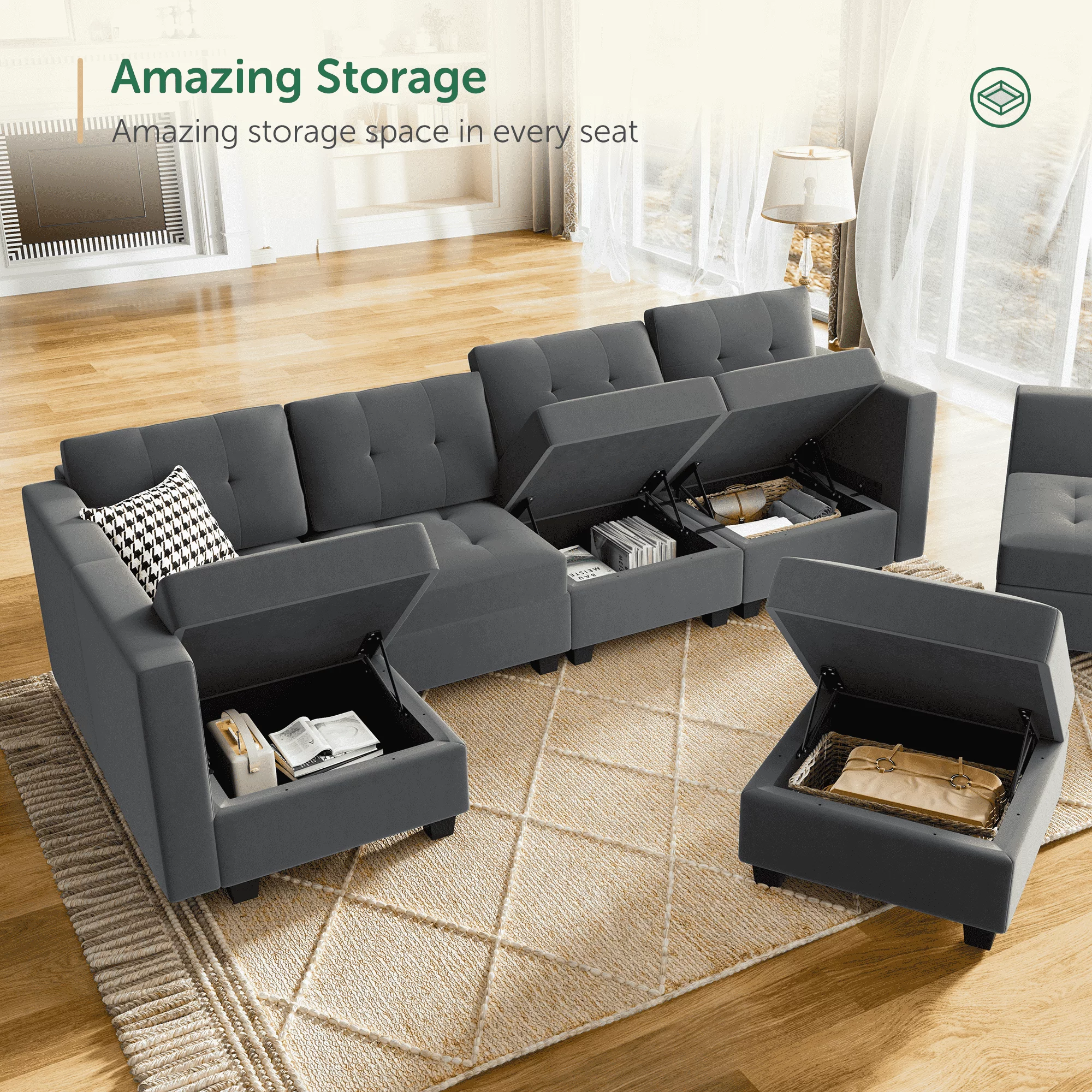 HONBAY Velvet Modular Sectional Sofa Couch Sets with Storage Ottoman with Tufted Design for Home Room, Bluish Grey