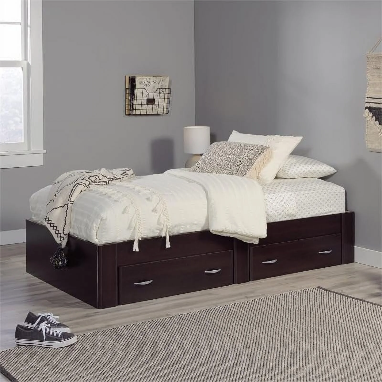Contemporary Wood Platform Bed In Cinnamon Cherry
