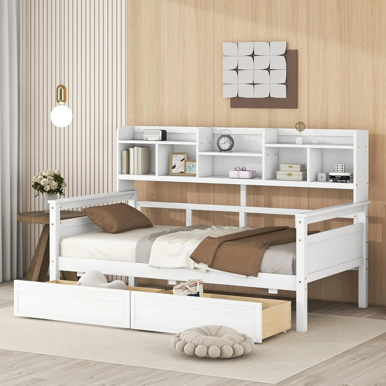 Size Daybed Wih Bookcase Ad Drawers, Wood Daybed Wih Sorage Headboard, Daybed Frame Wih Slas Suppor For Kids ees Aduls, Whie