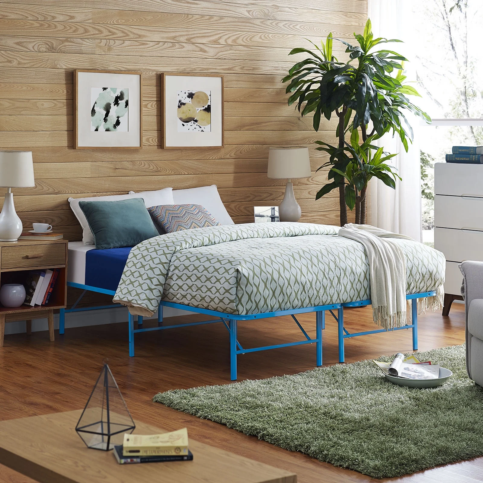 Modern Contemporary Urban Design Bedroom Queen Size Platform Bed Frame, Blue, Metal Steel