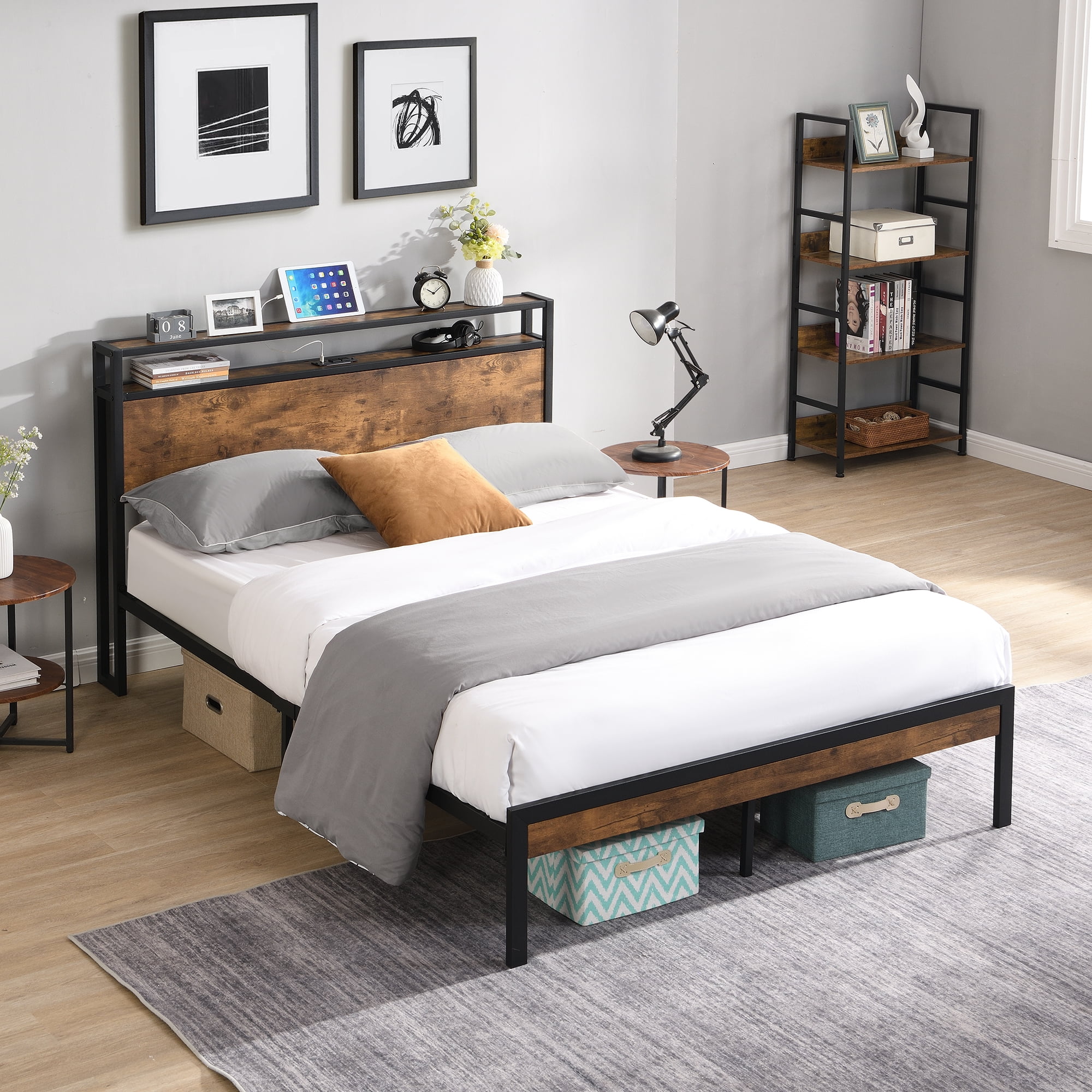 Momspeace Platform Bed Frame with Wooden Storage Headboard, Full Size Metal Bed with USB Ports, Black