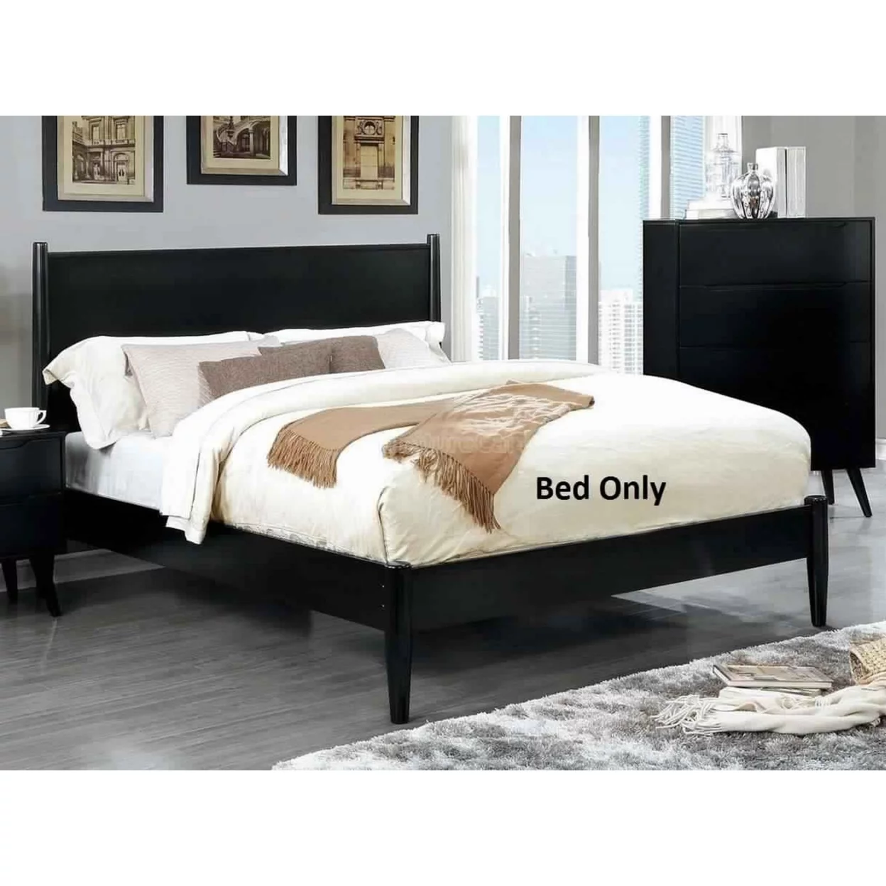 Wooden Eastern King Size Bed with Panel Headboard, Black- Saltoro Sherpi