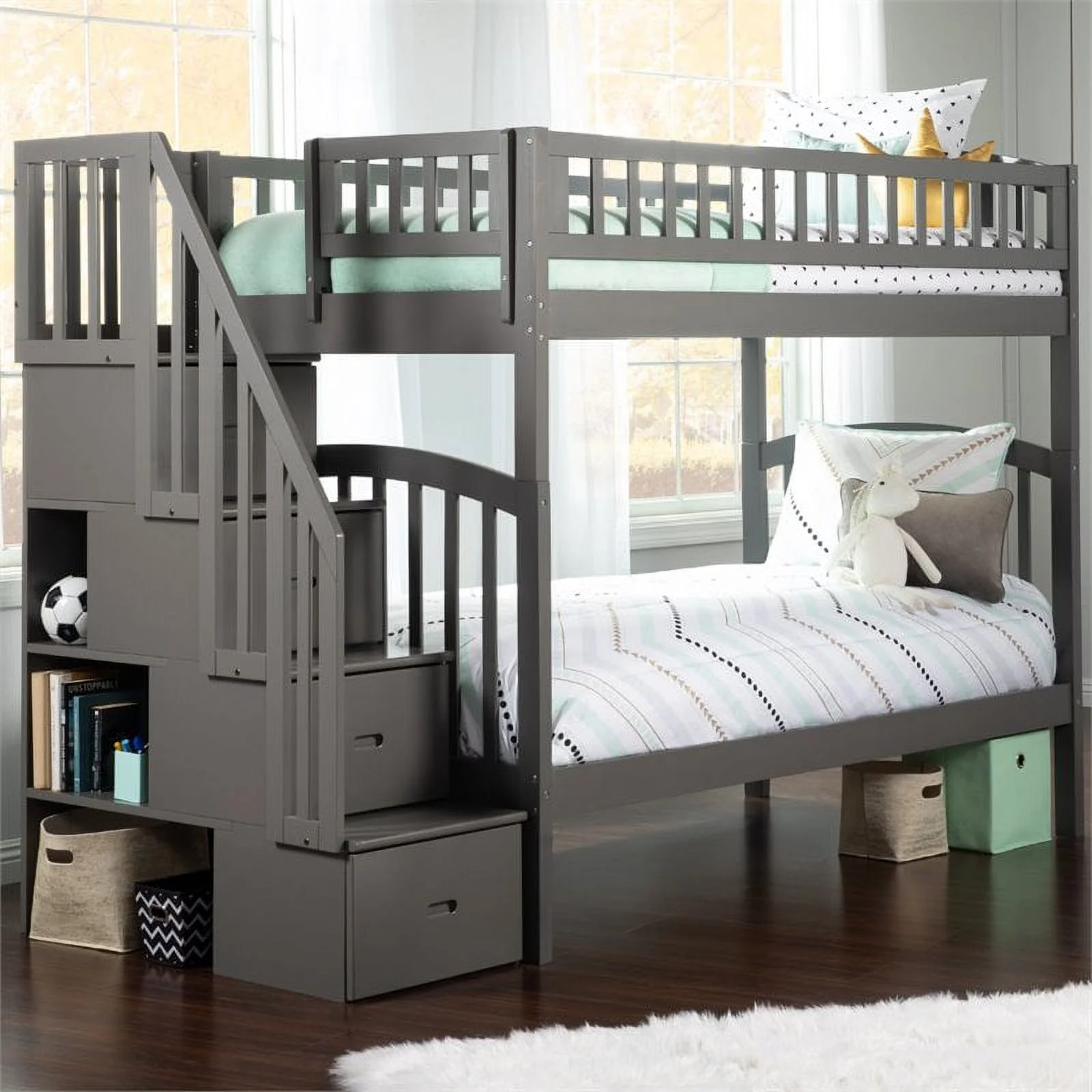 Pemberly Row Traditional Staircase Bunk Twin Over Twin in Gray
