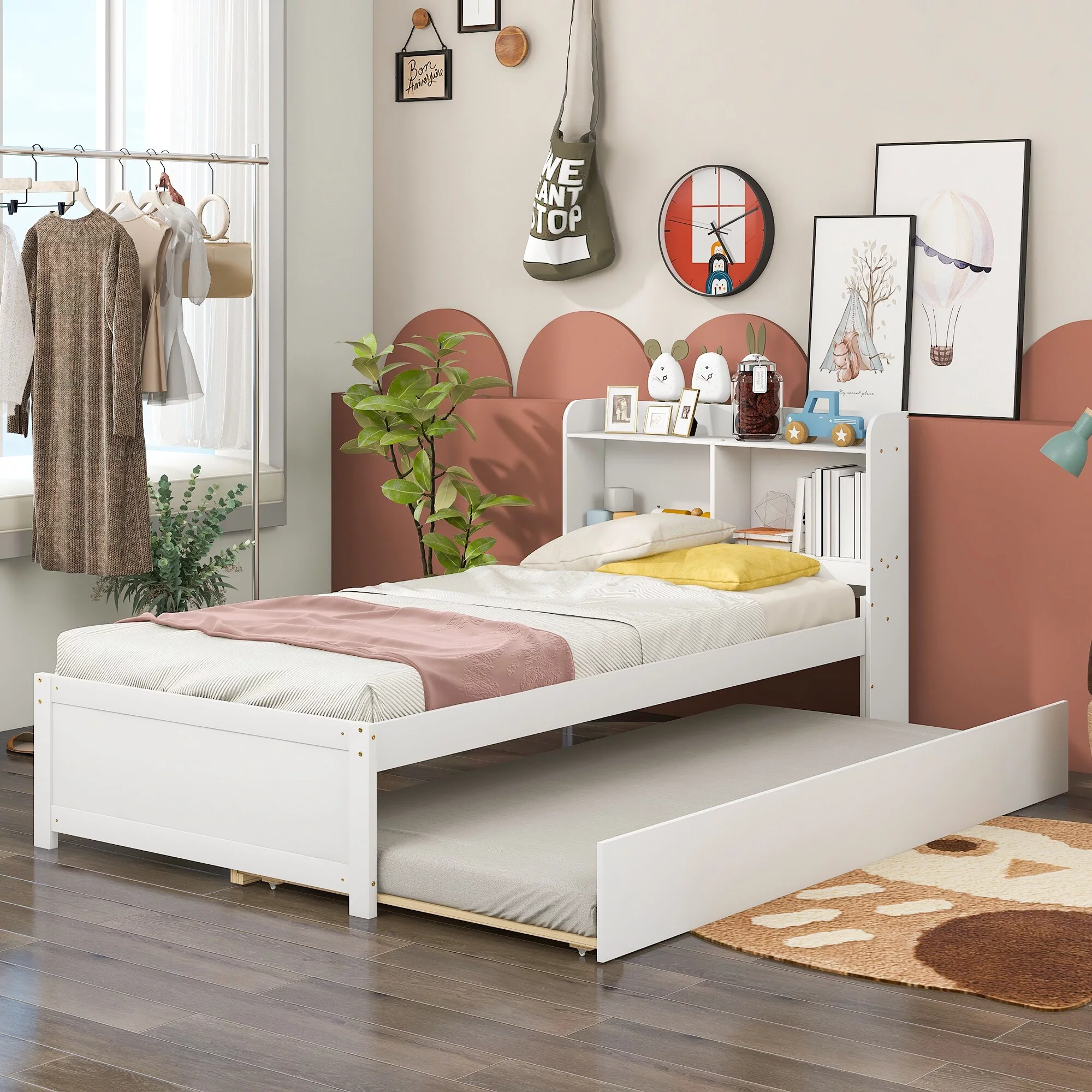 Twin Size Modern Kids Bed with Trundle and Bookcase White