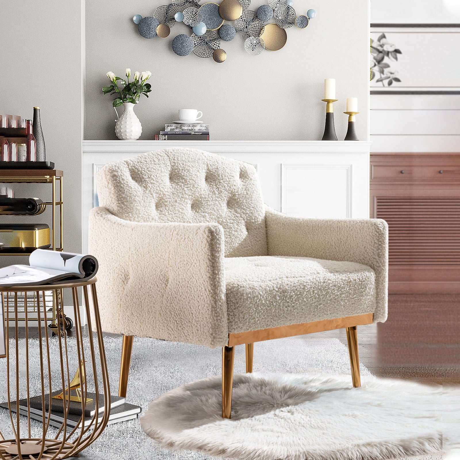 Muumblus Modern Accent Chair, Upholstered Single Sofa Chair Sherpa Arm Chair for Living Room and Bedroom, Comfy Armchair with Metal Legs, White