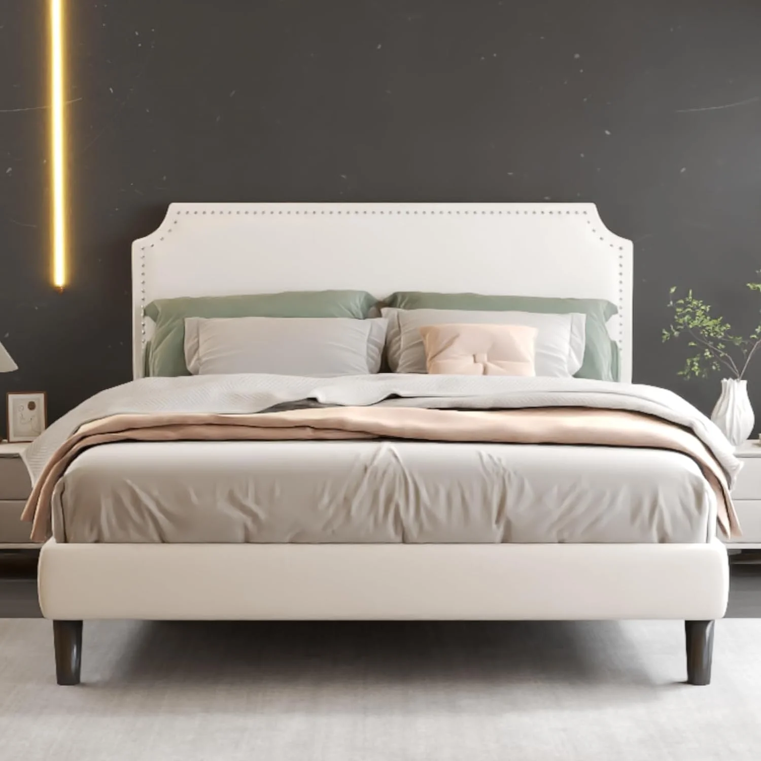 RooRuns Queen Bed Frame Upholstered Platform with Adjustable Headboard and Strong Wooden Slats, Non-Slip and Noise-Free,No Box Spring Needed, Easy Assembly,Beige