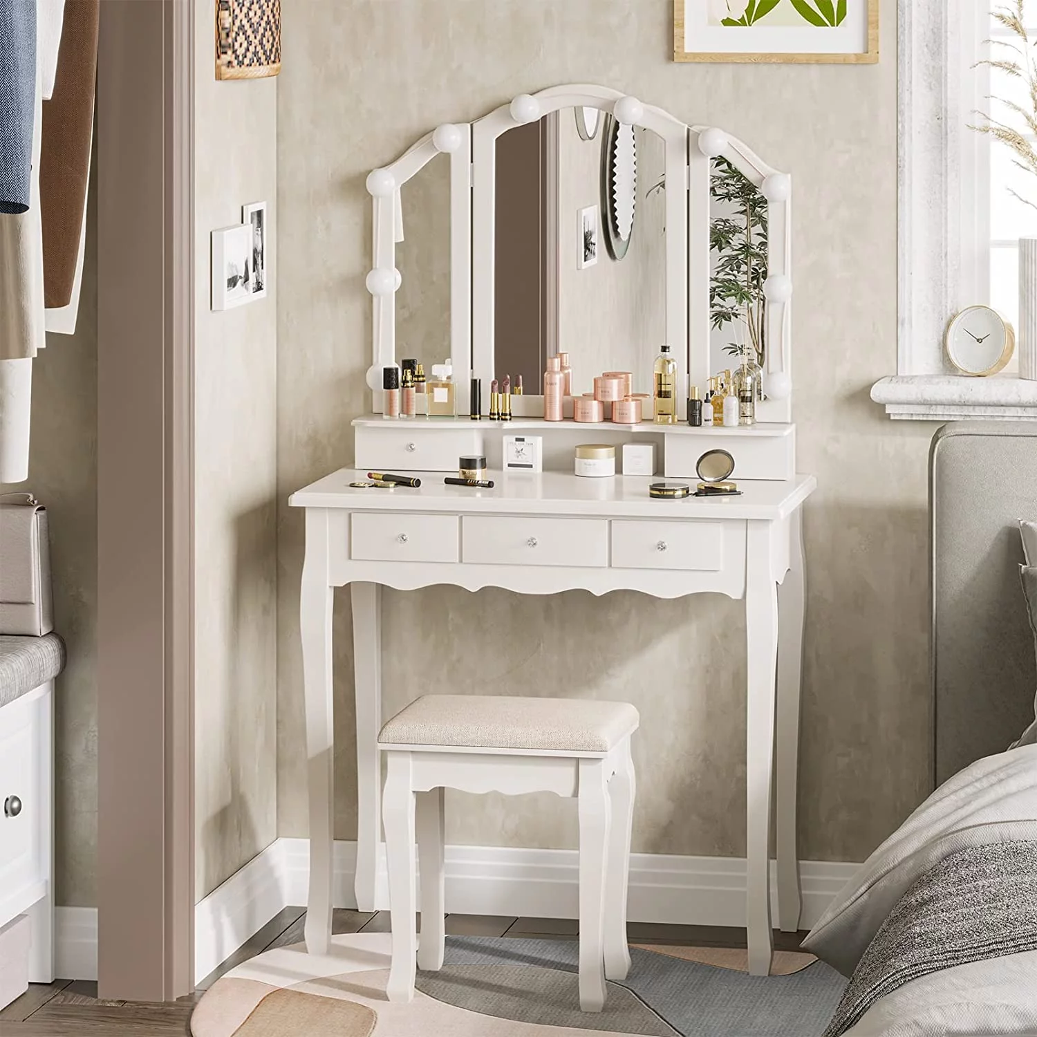 Afuhokles Vanity Table Set with Lighted Tri-Fold Mirror and Stool, Makeup Vanity Dressing Desk 5 Drawers, White