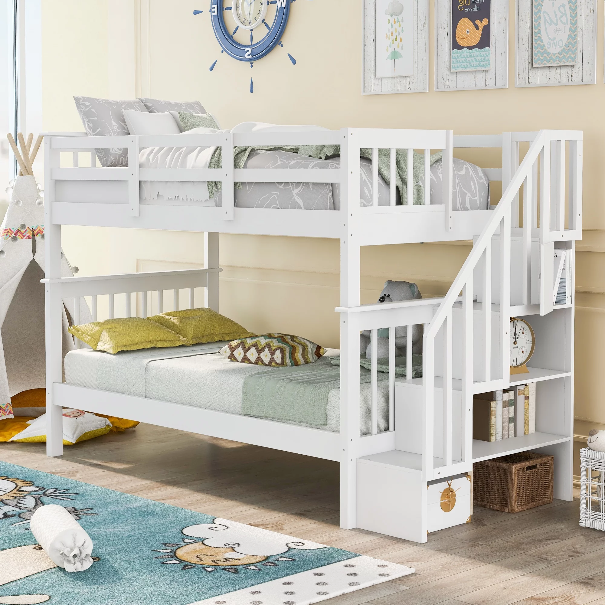 Abanopi Stairway Twin-Over-Twin Bunk Bed with Storage and Guard Rail for Bedroom, Dorm, White color
