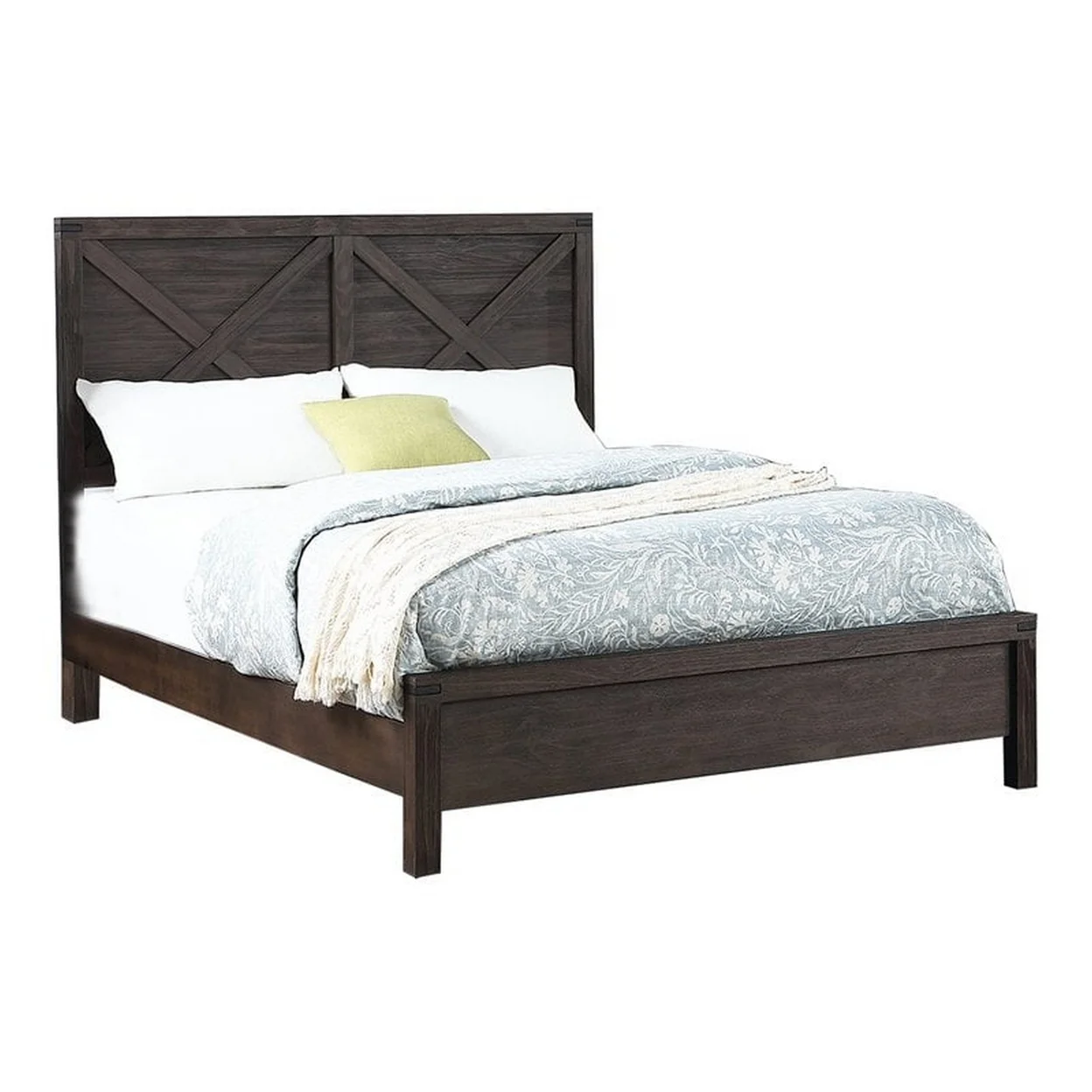 Yale Platform Queen Size Bed, Crossed Accent Panel, Dark Walnut Brown- Saltoro Sherpi