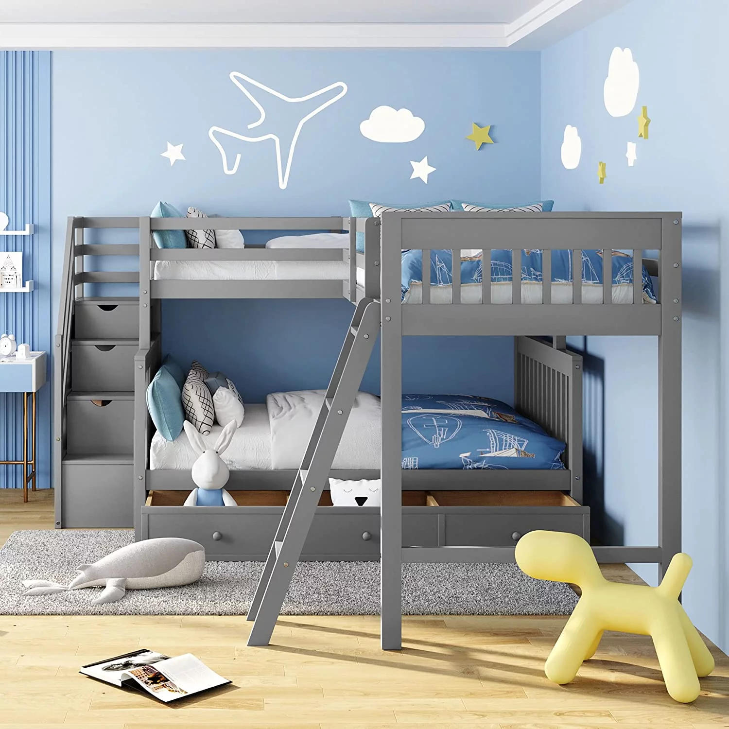 Triple Bunk Bed With Stairs And 3 Storage Drawers, L Shaped Beds For Kids, Over Full Size Loft Attached, Wooden Frame Kids Teens Girls Boys (Gray)