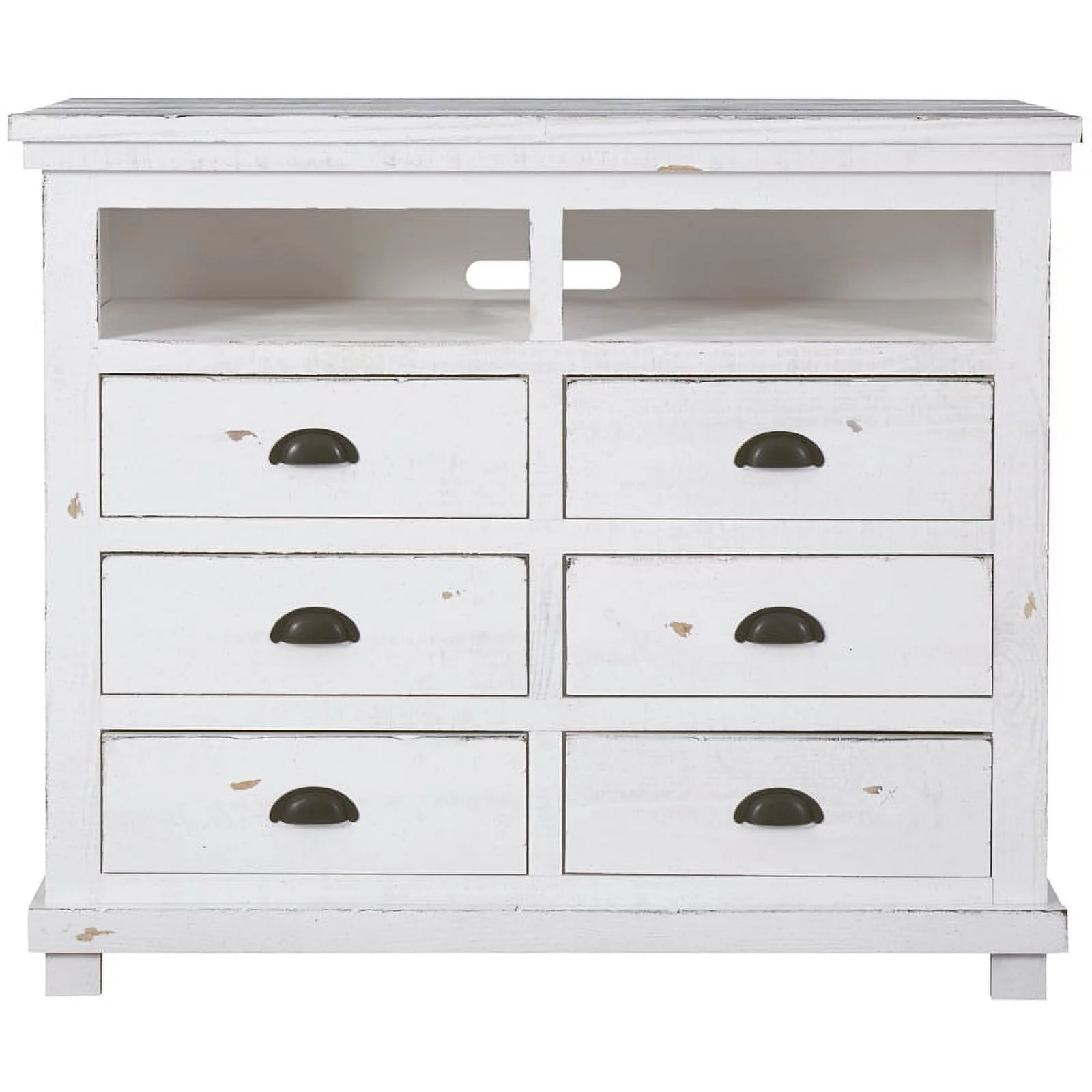 Bowery Hill Transitional Wooden 6 Drawer Media Chest in Distressed White Finish