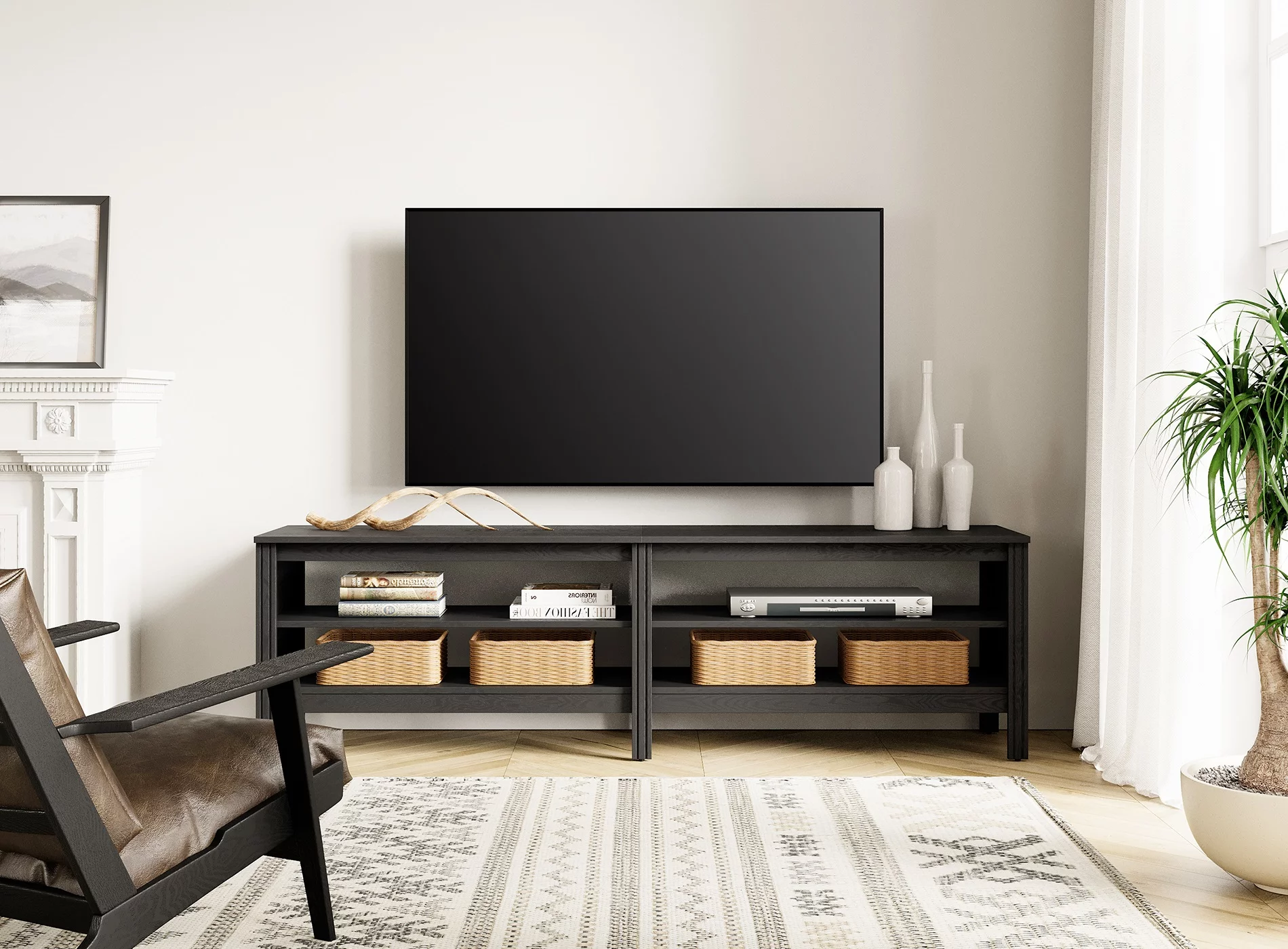 TV Stand for 75 inch TV with 4 Open Shelves, Wood TV Console Entertainment Center for LIving Room, Black