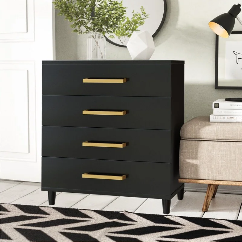 Grondin Transitional Style 4-Drawer Dresser with Golden Handles and Solid Rubberwood Legs, Modern Chest of Drawers