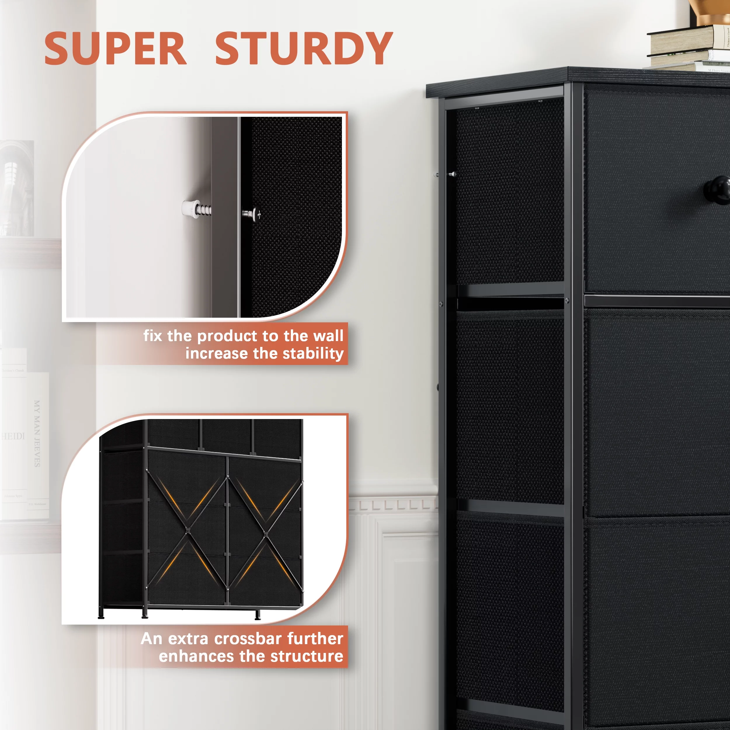 GUNAITO Dressers for Bedroom of 9 Drawer Chest of Drawers Closets Black Dresser Large Capacity Organizer Tower Steel Frame Wooden Top YLZ9B6