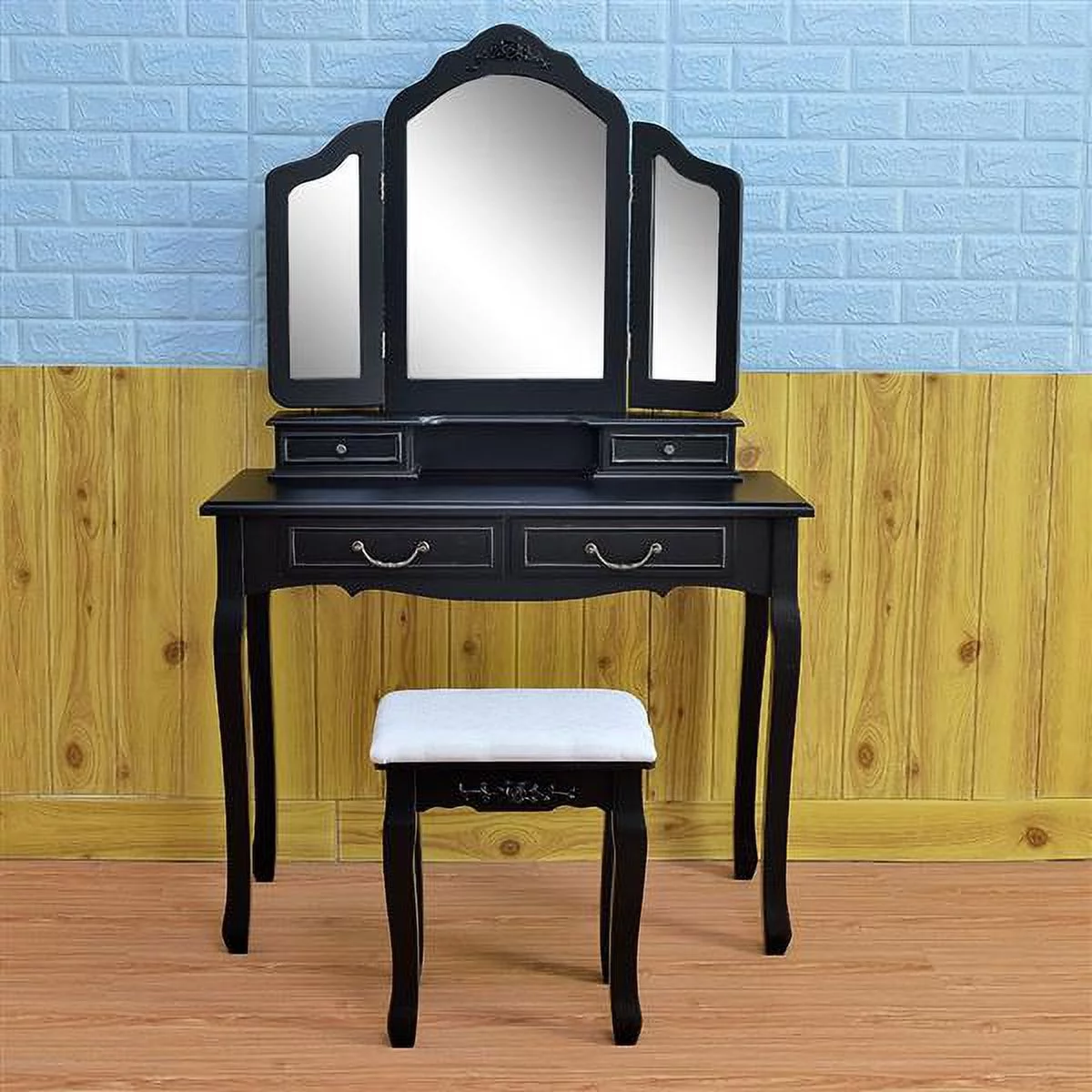 Fithood Tri-fold Mirror Dresser with Dressing Stool Black