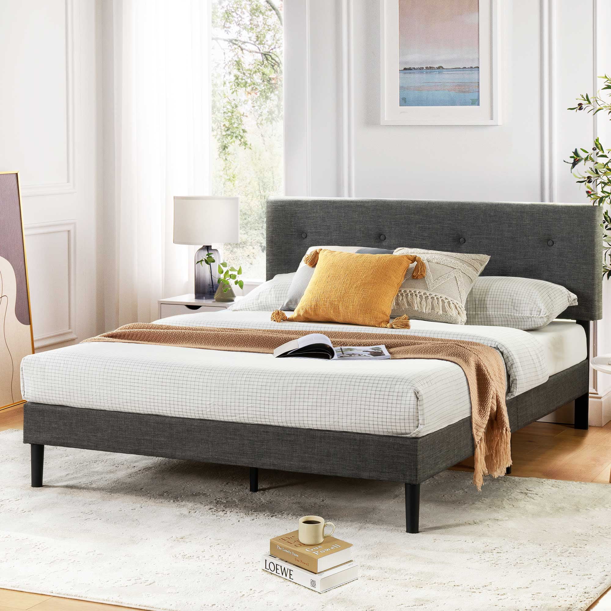 Mellow Alva Upholstered Platform Bed Frame with Headboard, Dark Grey, Full