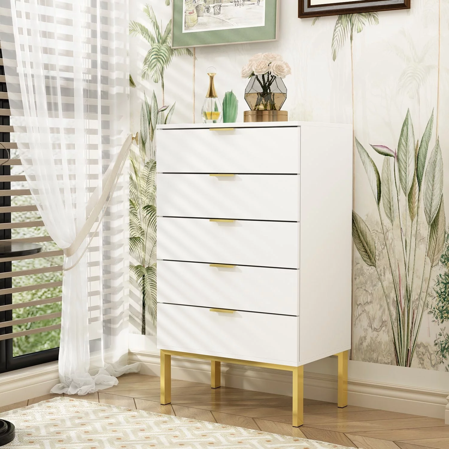 FUFU&GAGA  5Drawer Utility Storage Chest Drawer Organizer Cabinet Table White