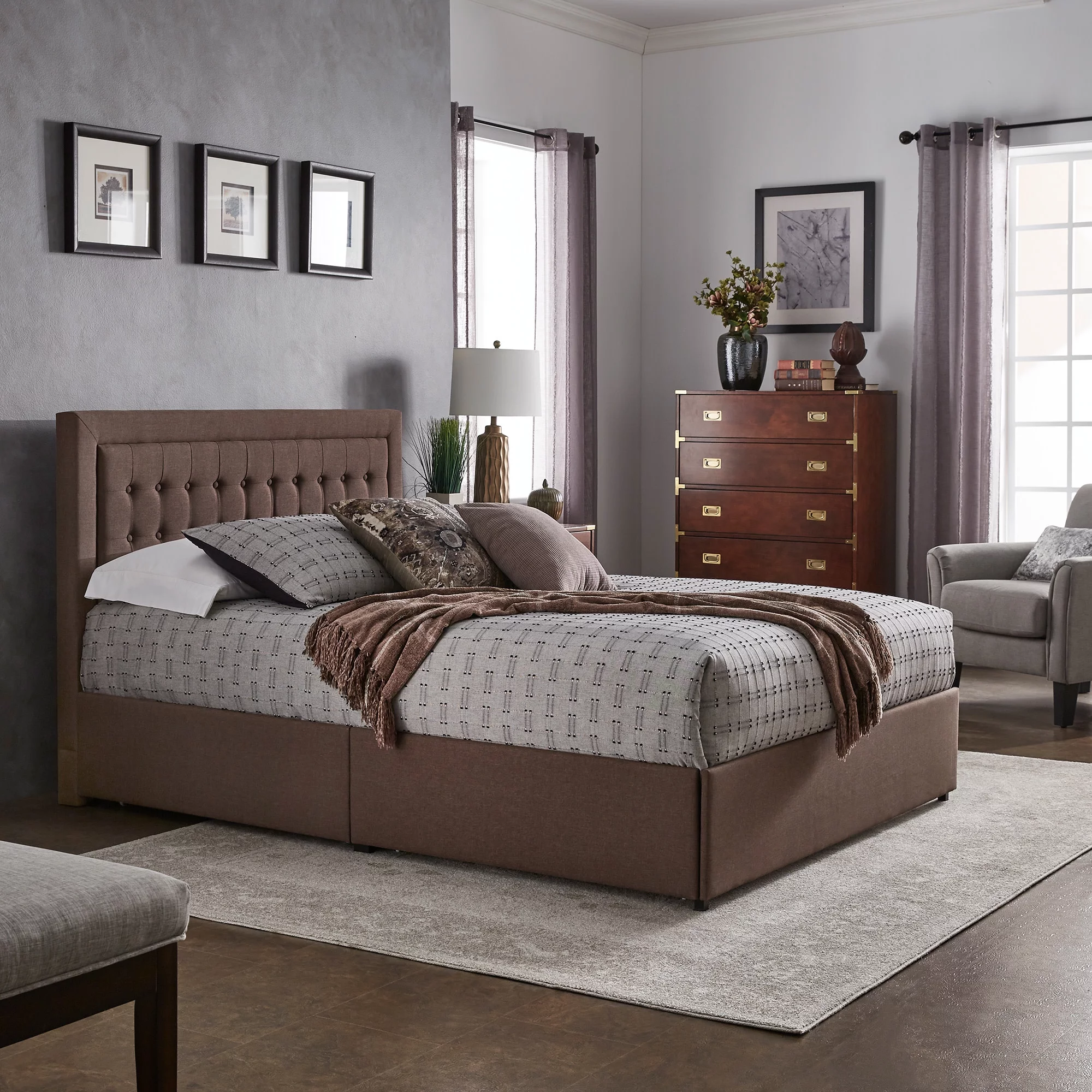 Weston Home Gaylen Tufted Linen Headboard Storage Platform Full Bed, Brown