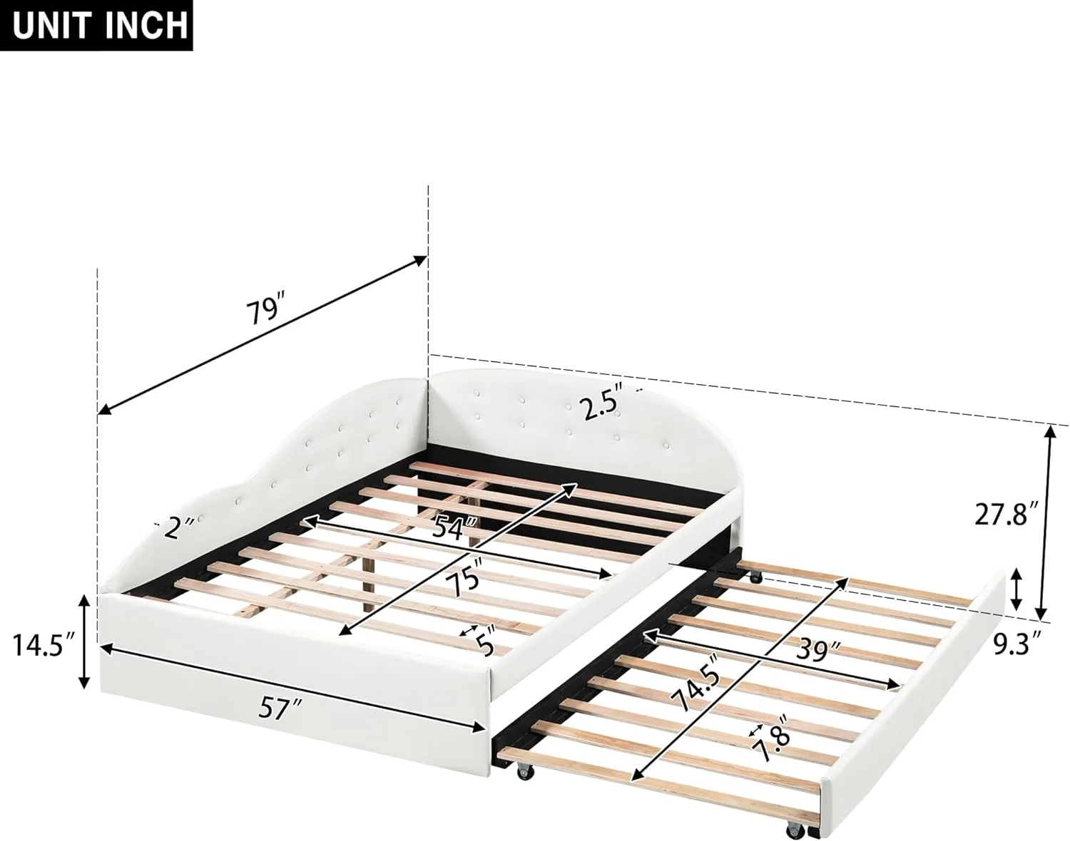 Full Size Daybed Wih rudle, Faux Leaher Upholsered Day Bed Frame, Boom ufed Sofa Bed Wih Cloud Shaped Rails For Bedroom Livig Room Gues Room, Whie