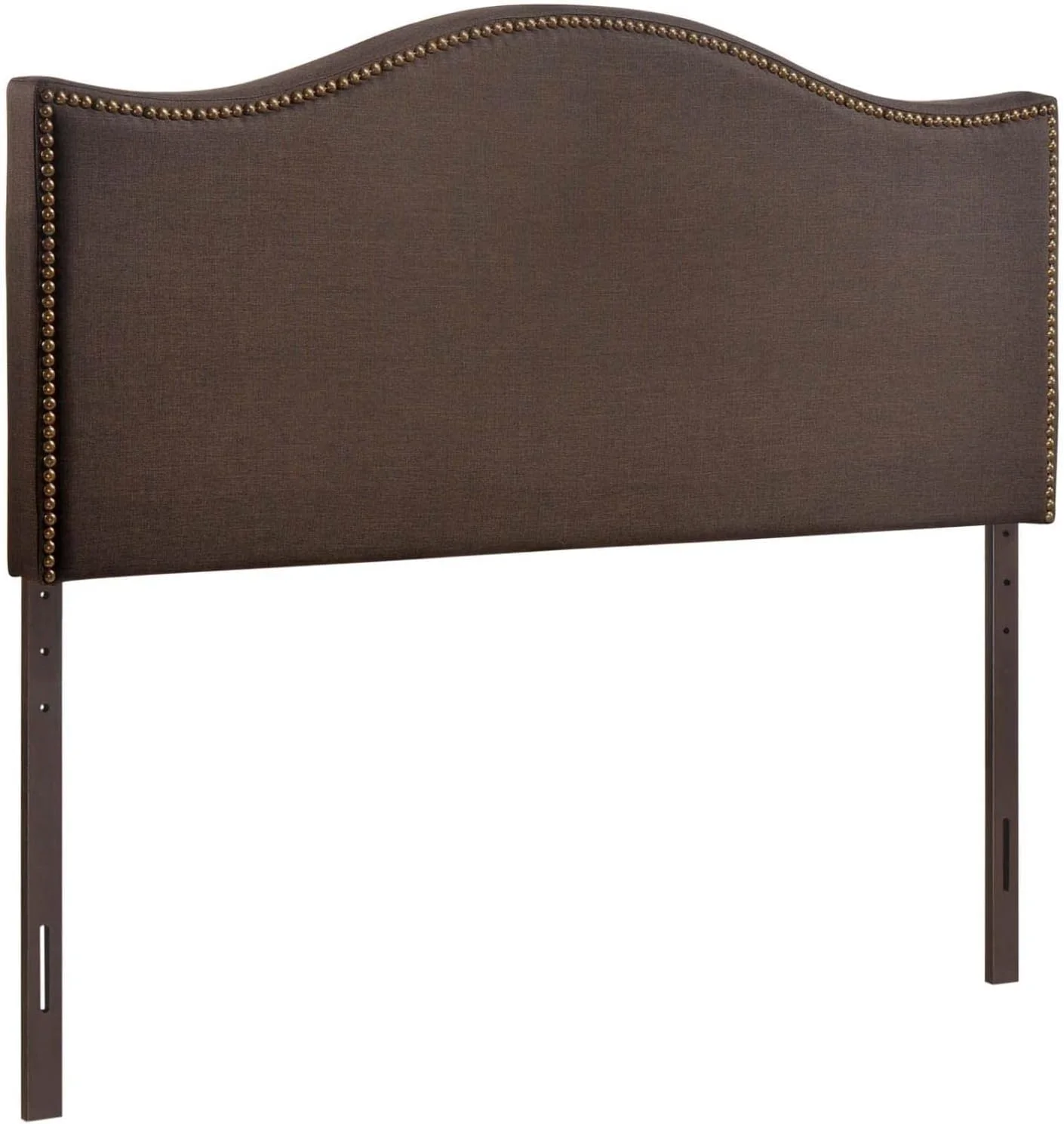 Upholstered Linen Queen Headboard Size With Nailhead Trim And Curved Shape In Dark Brown Fabric