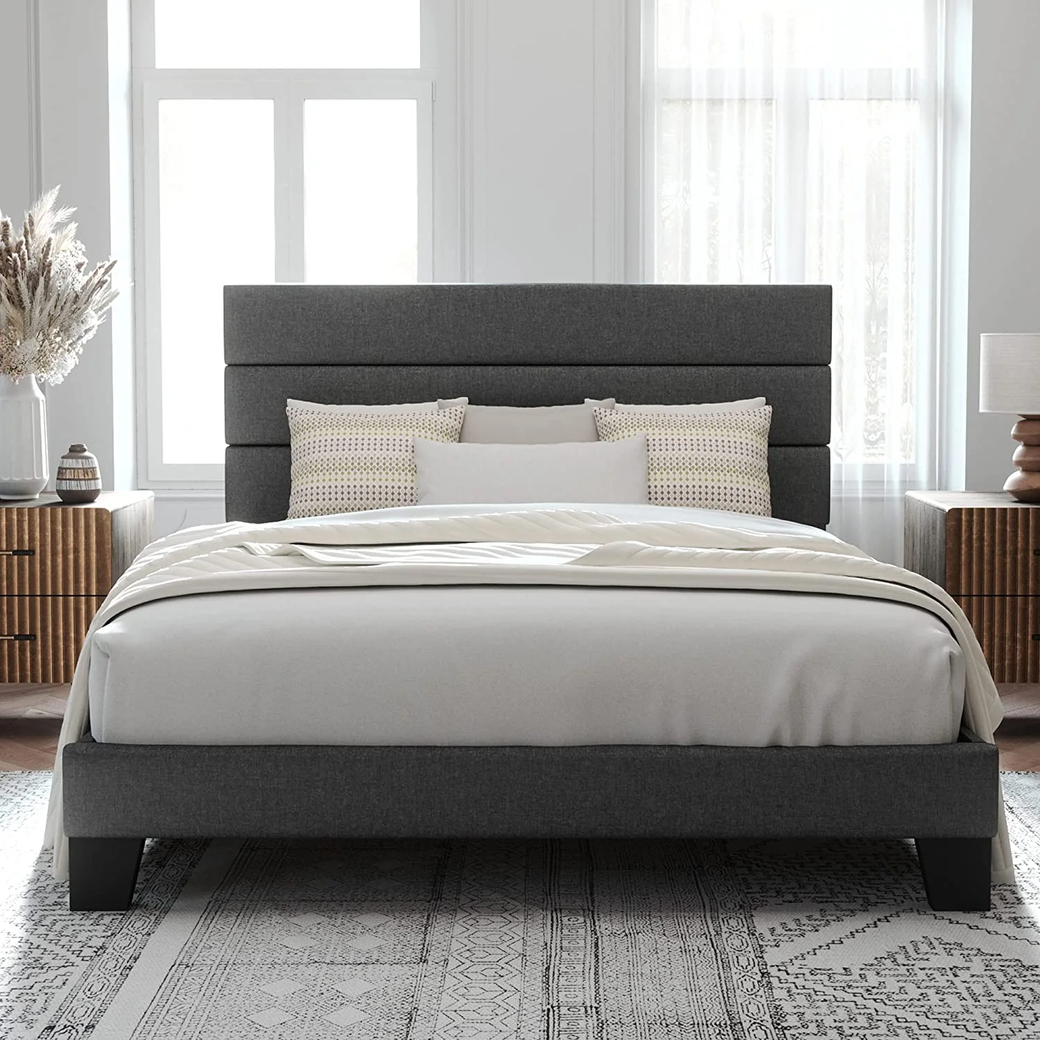 Allewie Queen Size Platform Bed Frame with Fabric Upholstered Headboard, No Box Spring Needed, Dark Grey