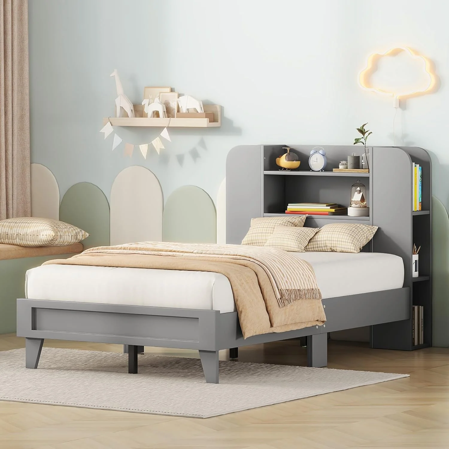 Bed Frames With Storage Headboard, Wood Kids Size Platform Bed With Multiple Storage Shelves O Both Sides, Storage Bed Frame For Girls Boys Bedroom, Grey