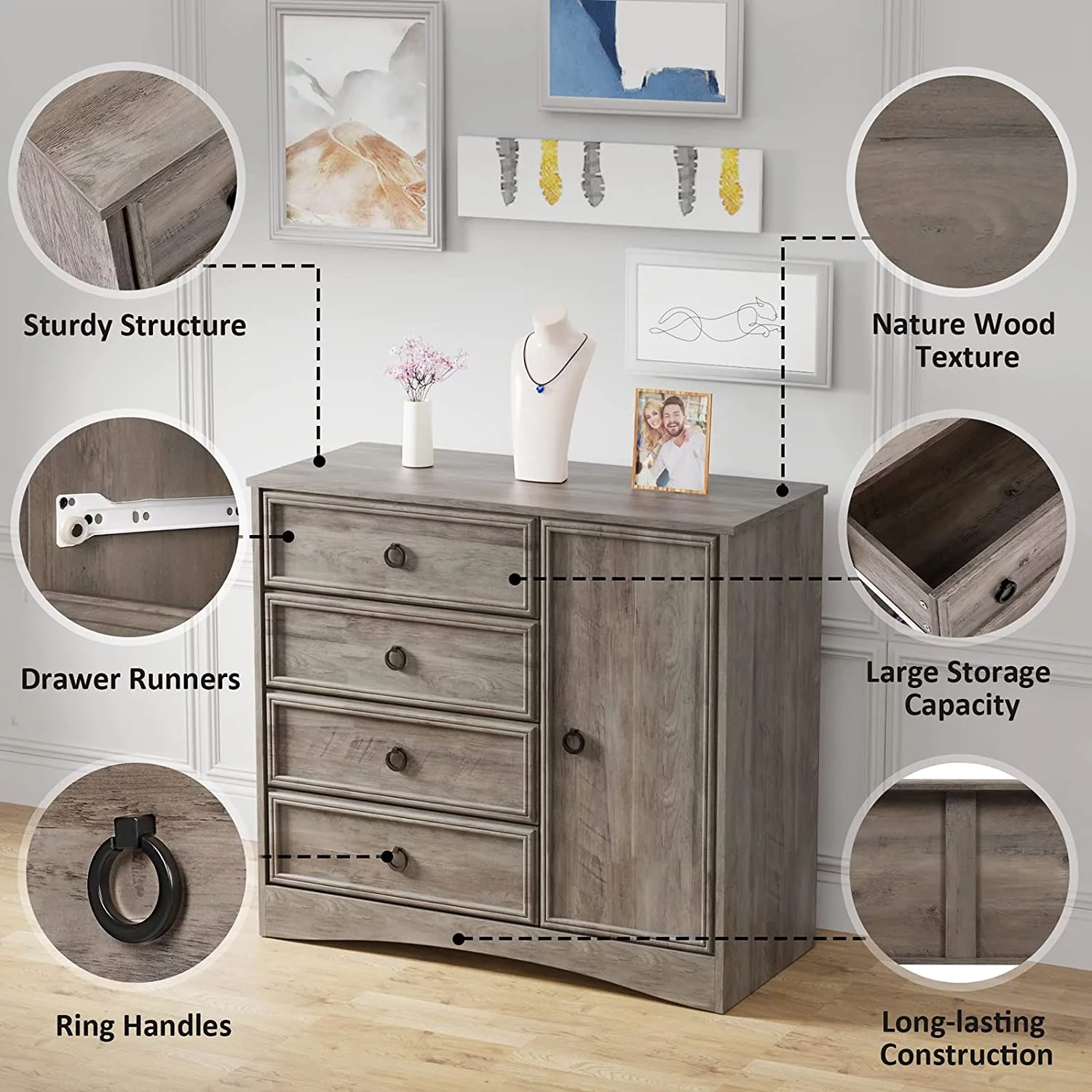 Relefree Modern Drawer Dresser, Dressers Chest with 4 Drawers & Door, for Living Room, Bedroom, Hallway, Gray