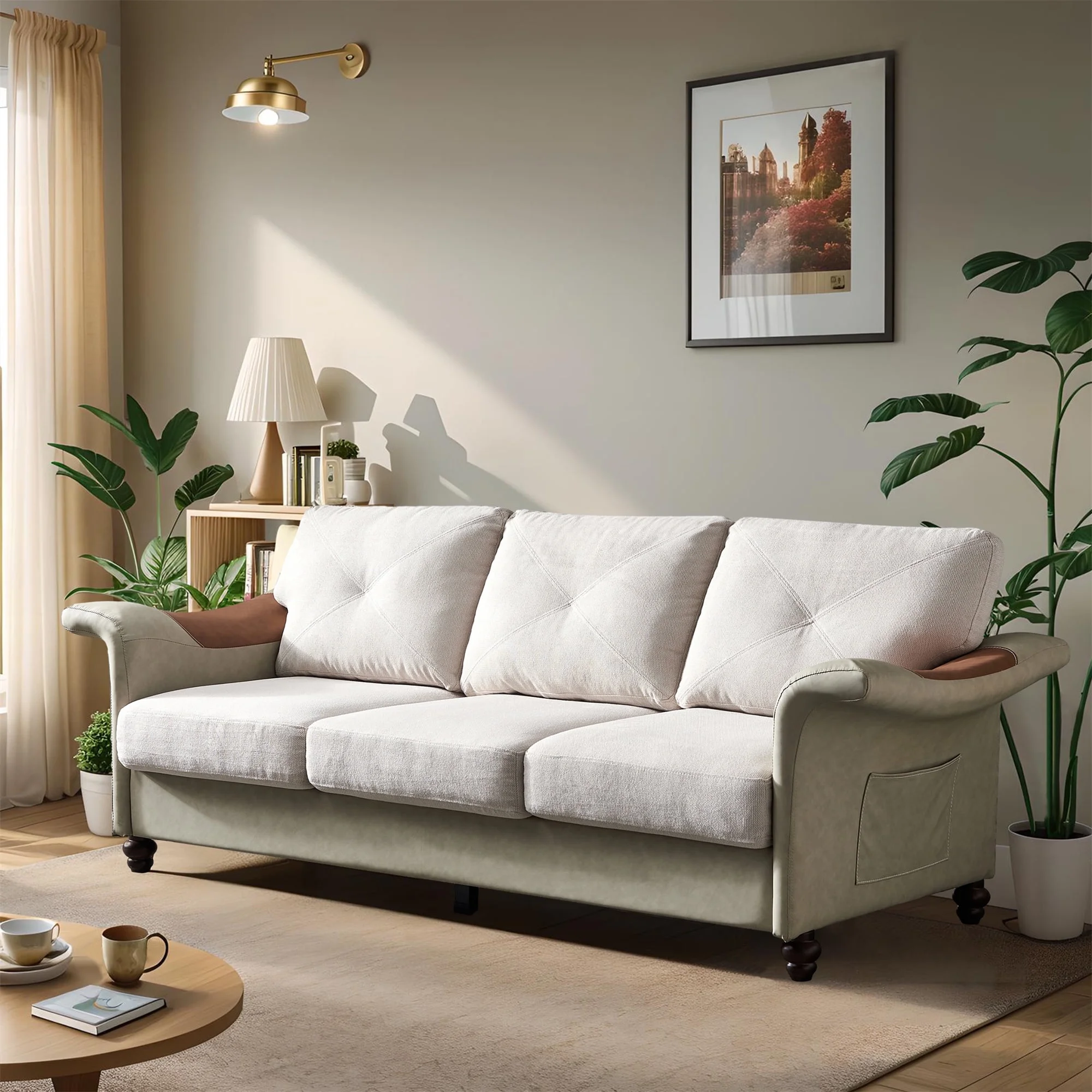 Gexpusm Small Modern Sofa Couches for Living Room, Fabric Faux Leather 3-Seater Sofa w/Solid Wood Legs, Mid-Century Modern Couch for Compact Small Space, Apartment, Bedroom, Dorm, Beige