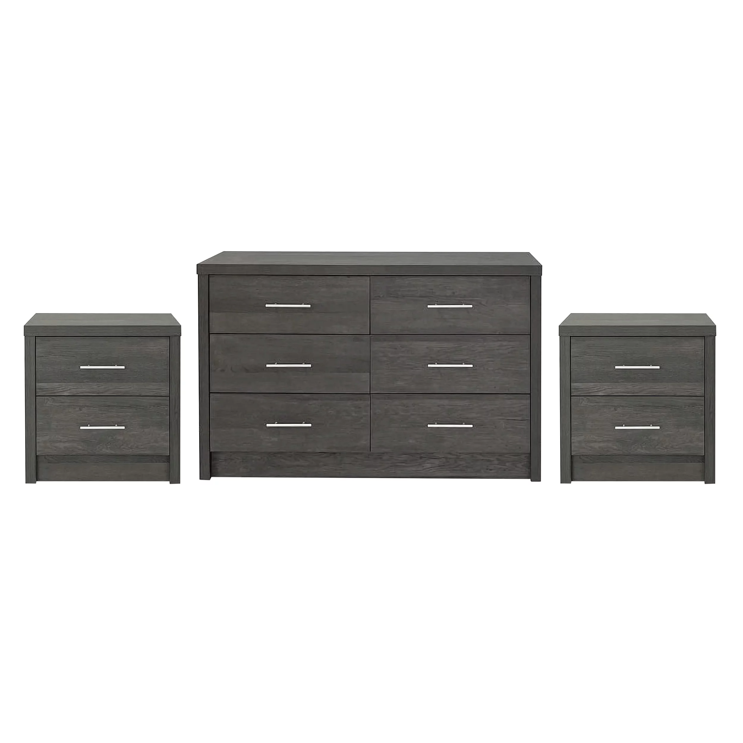 Noble House Alachua Faux Wood 3 Piece Double Dresser and Nightstand Bedroom Set, Gray Maple