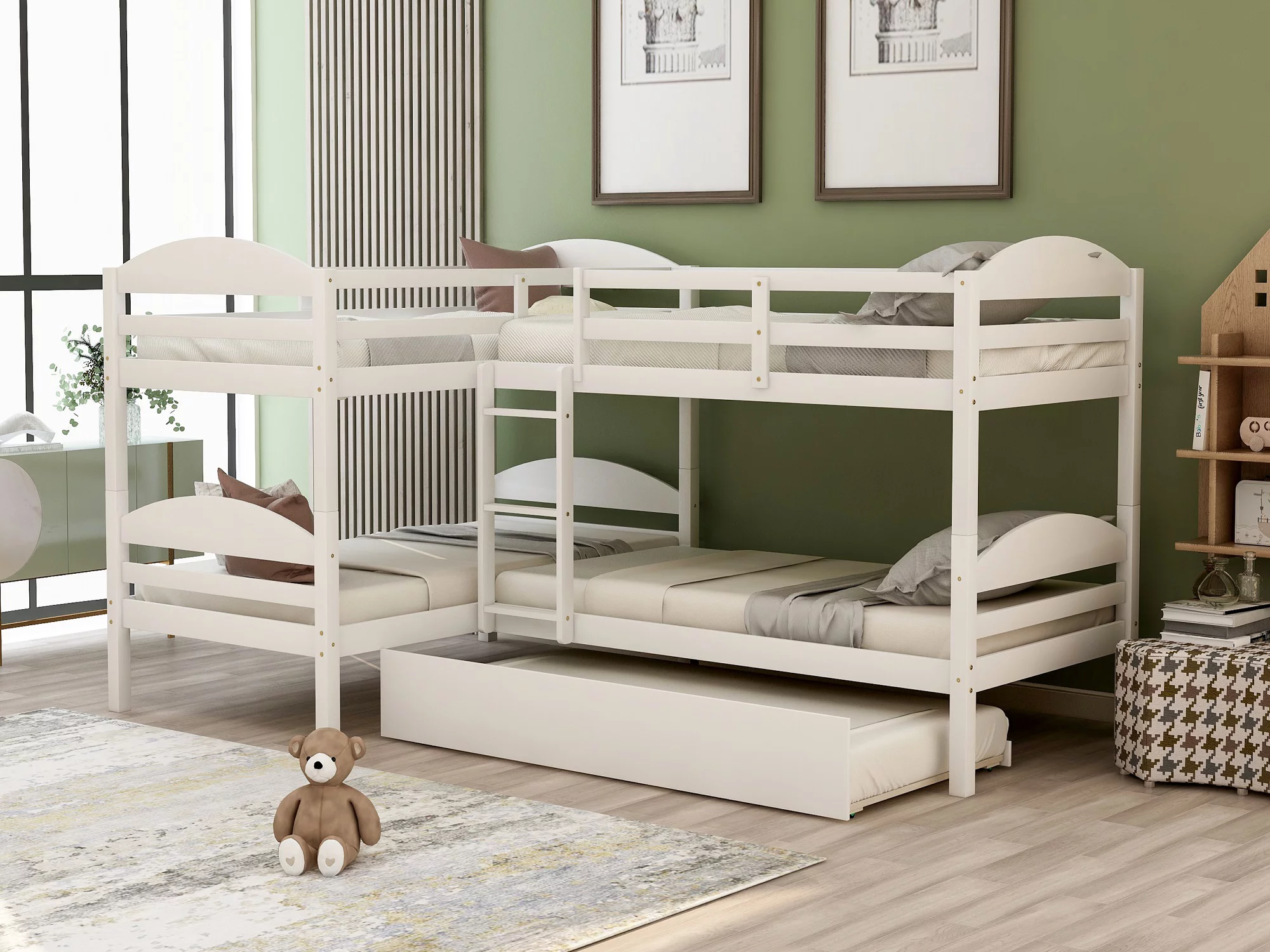 Twin L-Shaped Corner Bunk Bed and Loft Bed with Trundle Solid Wood Twin Bunk Bed Loft Bed with Guardrail, 5 Bed Bunk