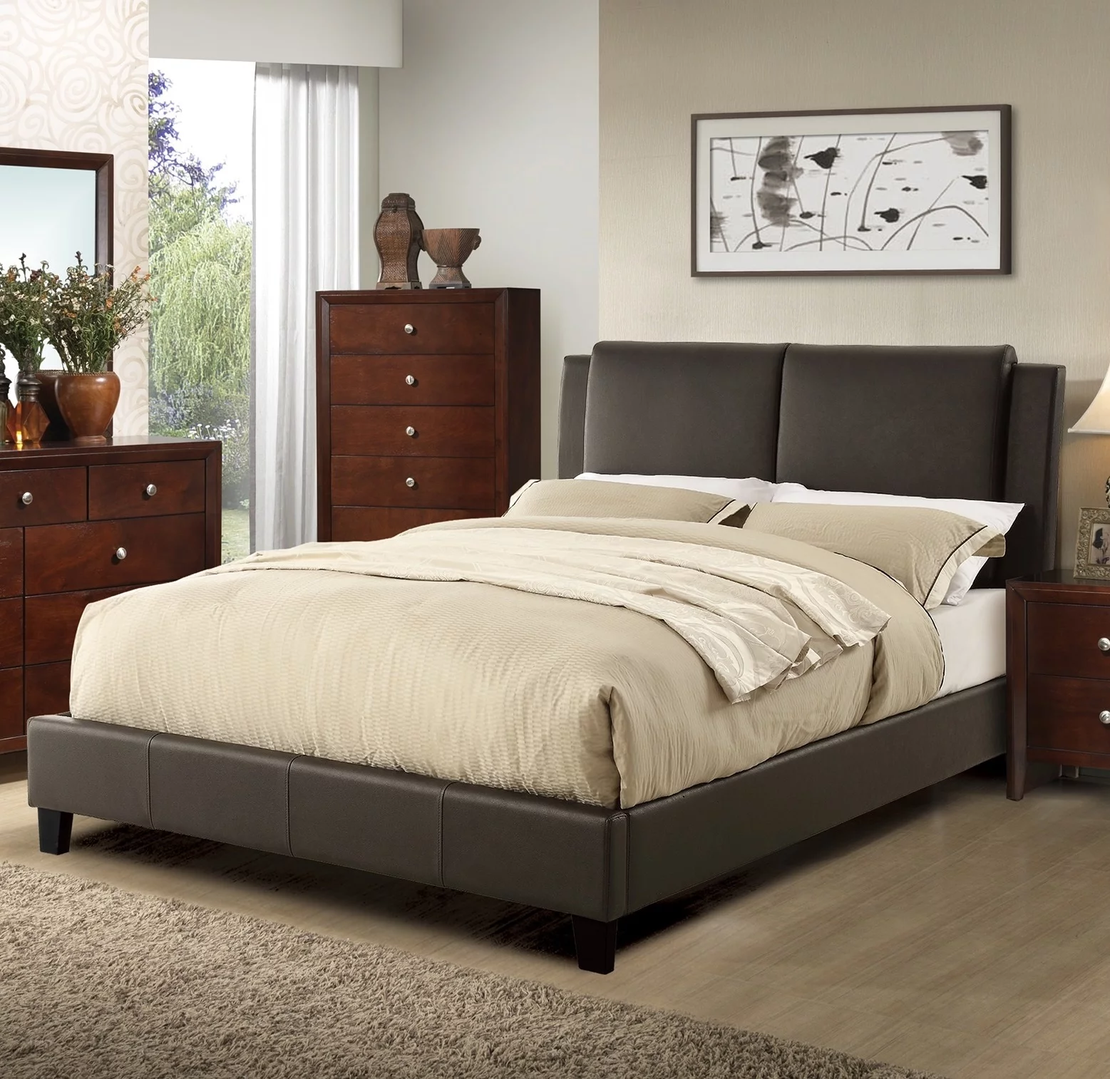Brown Faux Leather California King Size Bed Upholstered Headboard Trasitional Style Bedroom Platform 1pc Bed Furniture slats