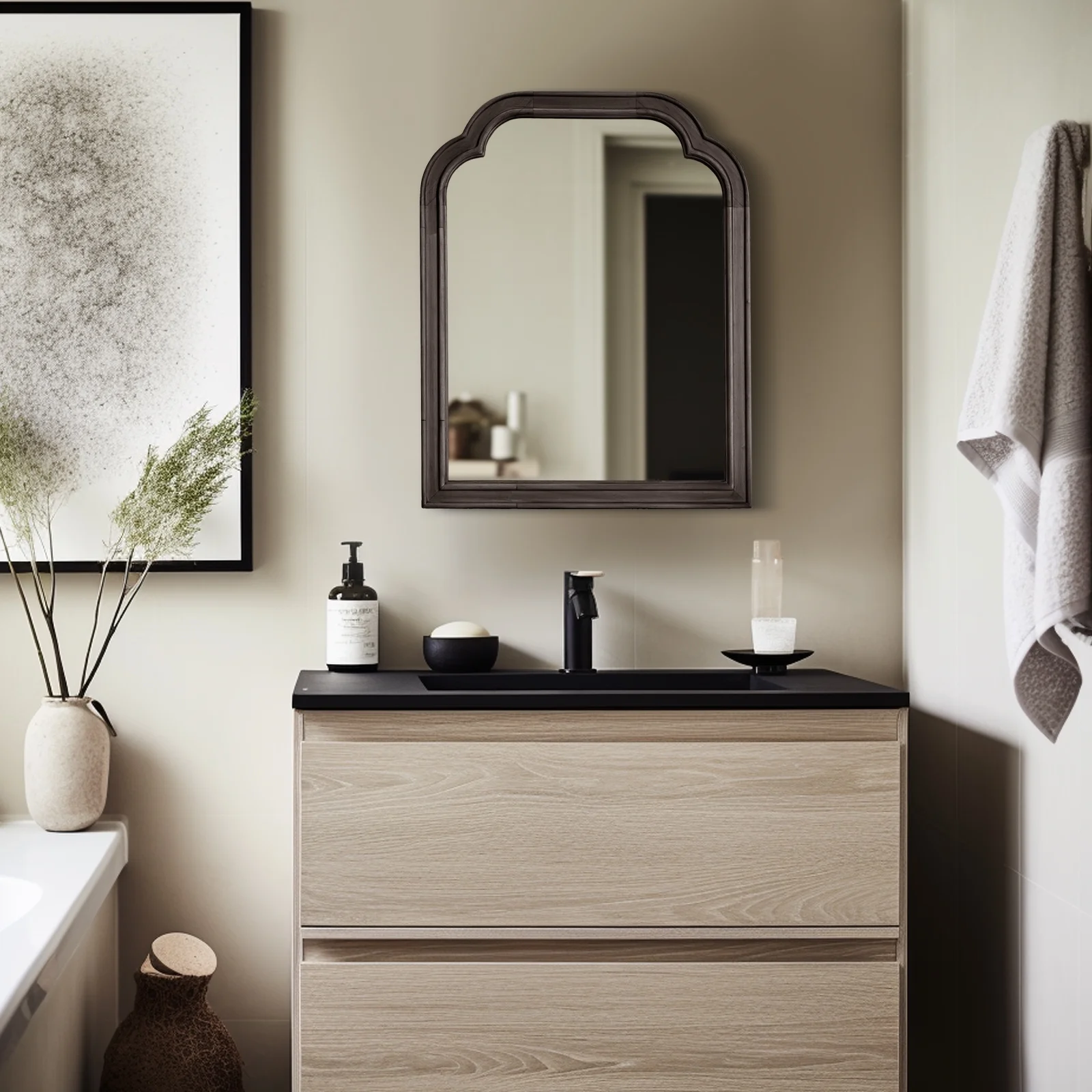 Magnifique Wall Mirror Farmhouse Rounded Corner Arch Wood Frame for Bathroom 16