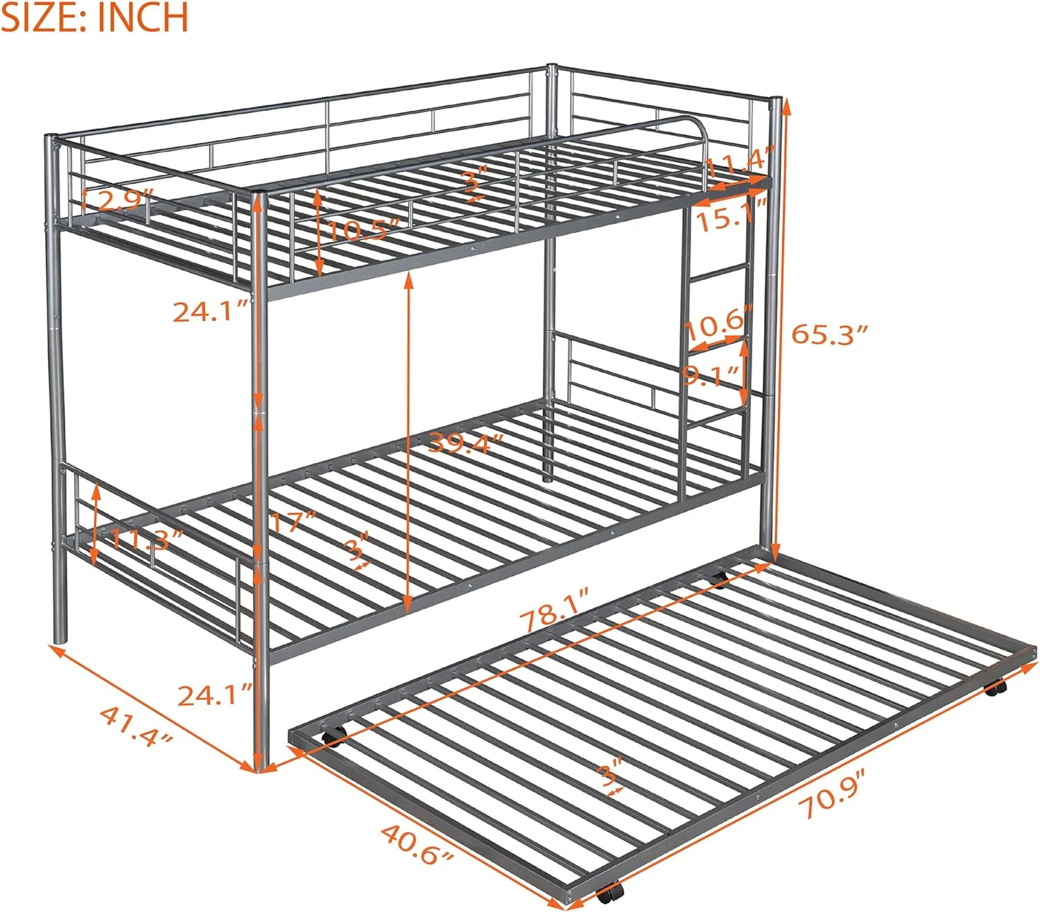 Meal Over Buk Beds,Wih rudle,For Kids ees Aduls, Heavy Duy Buk Bed,o Box Sprig eeded(Silver)